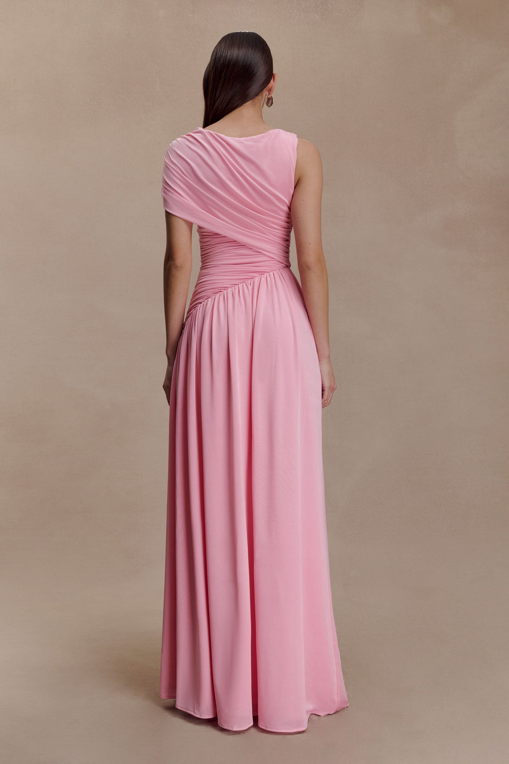 Pink Asymmetrical Ruched Maxi Dress