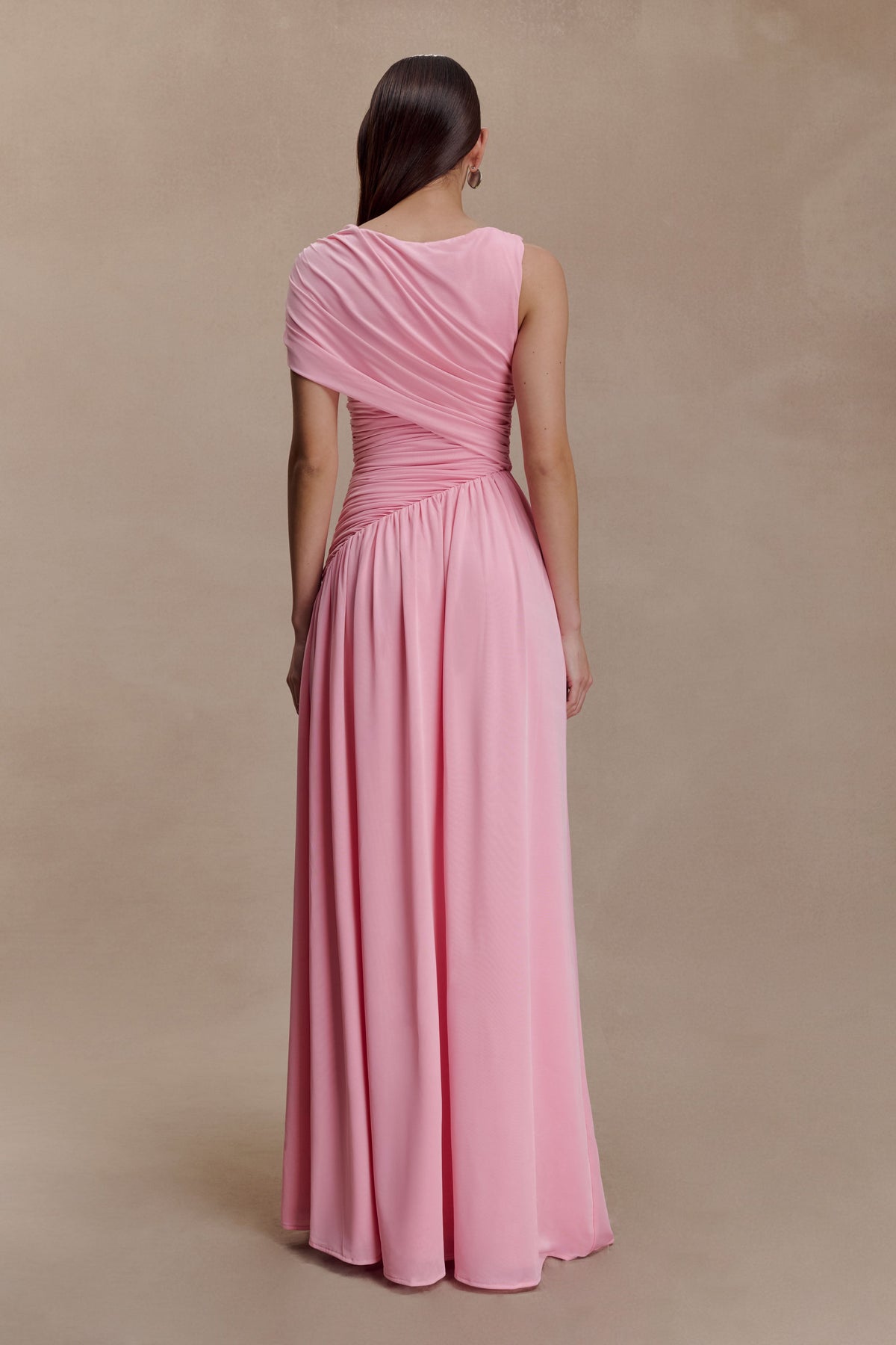 Pink Asymmetrical Ruched Maxi Dress