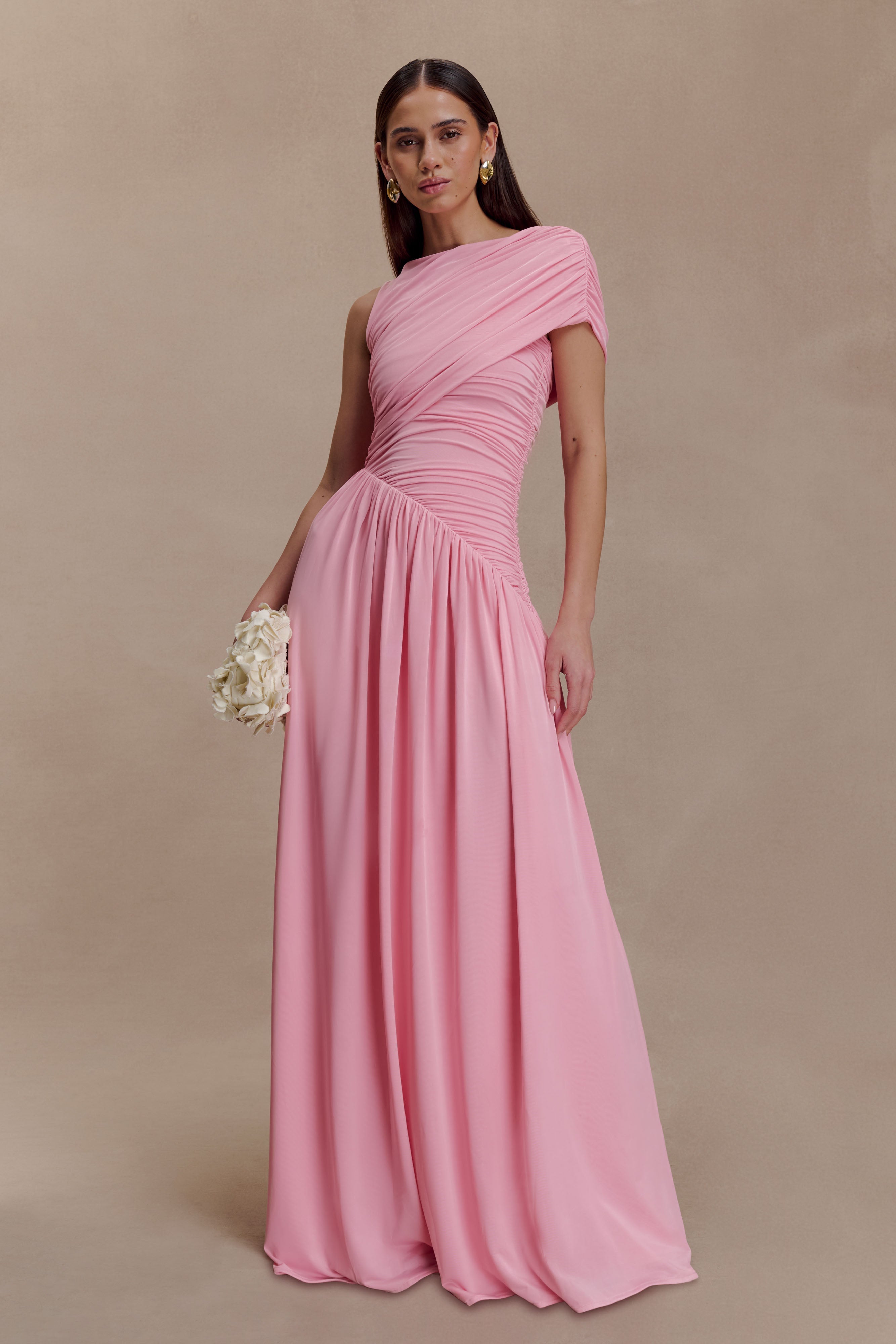 Pink Asymmetrical Ruched Maxi Dress