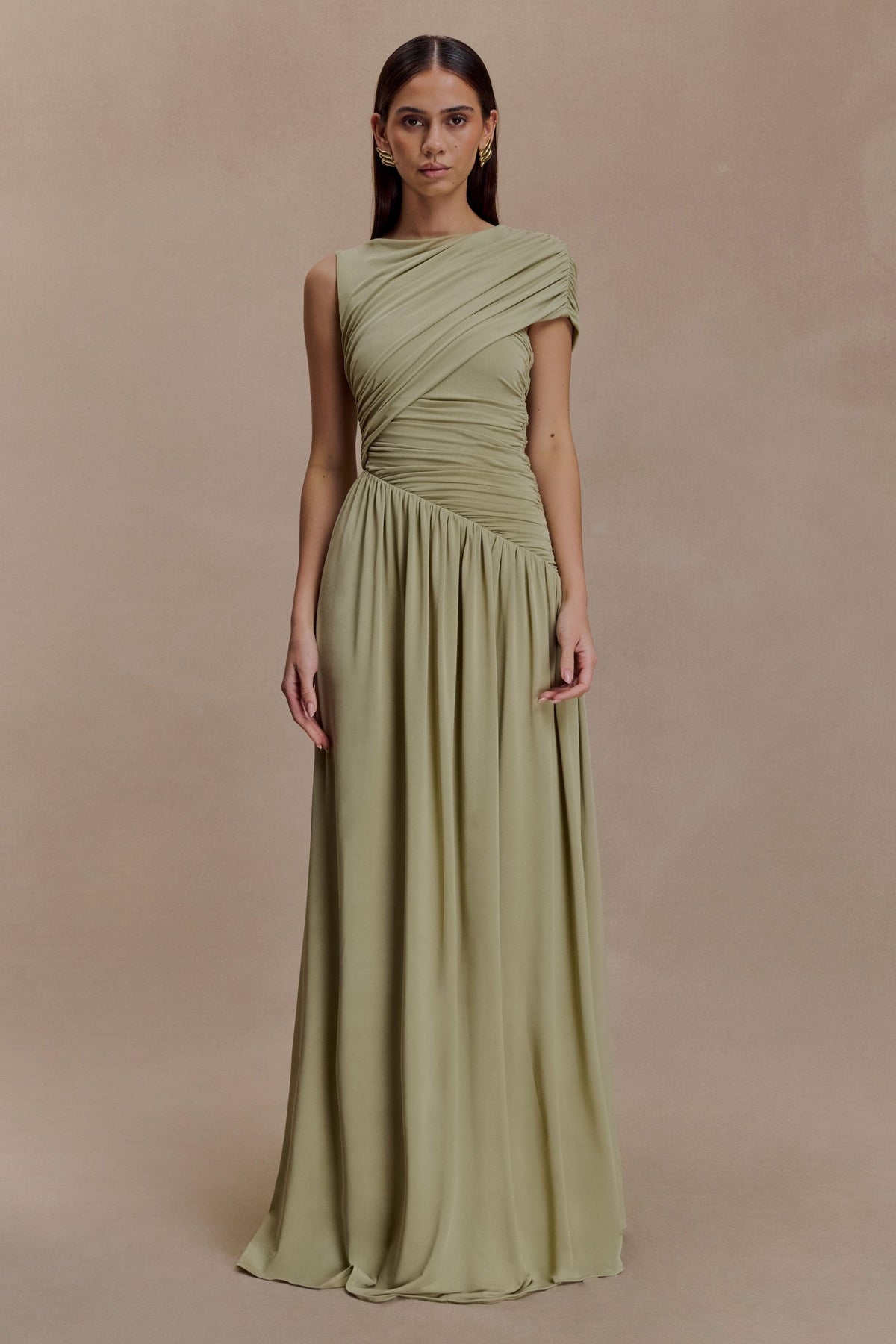 Pink Asymmetrical Ruched Maxi Dress