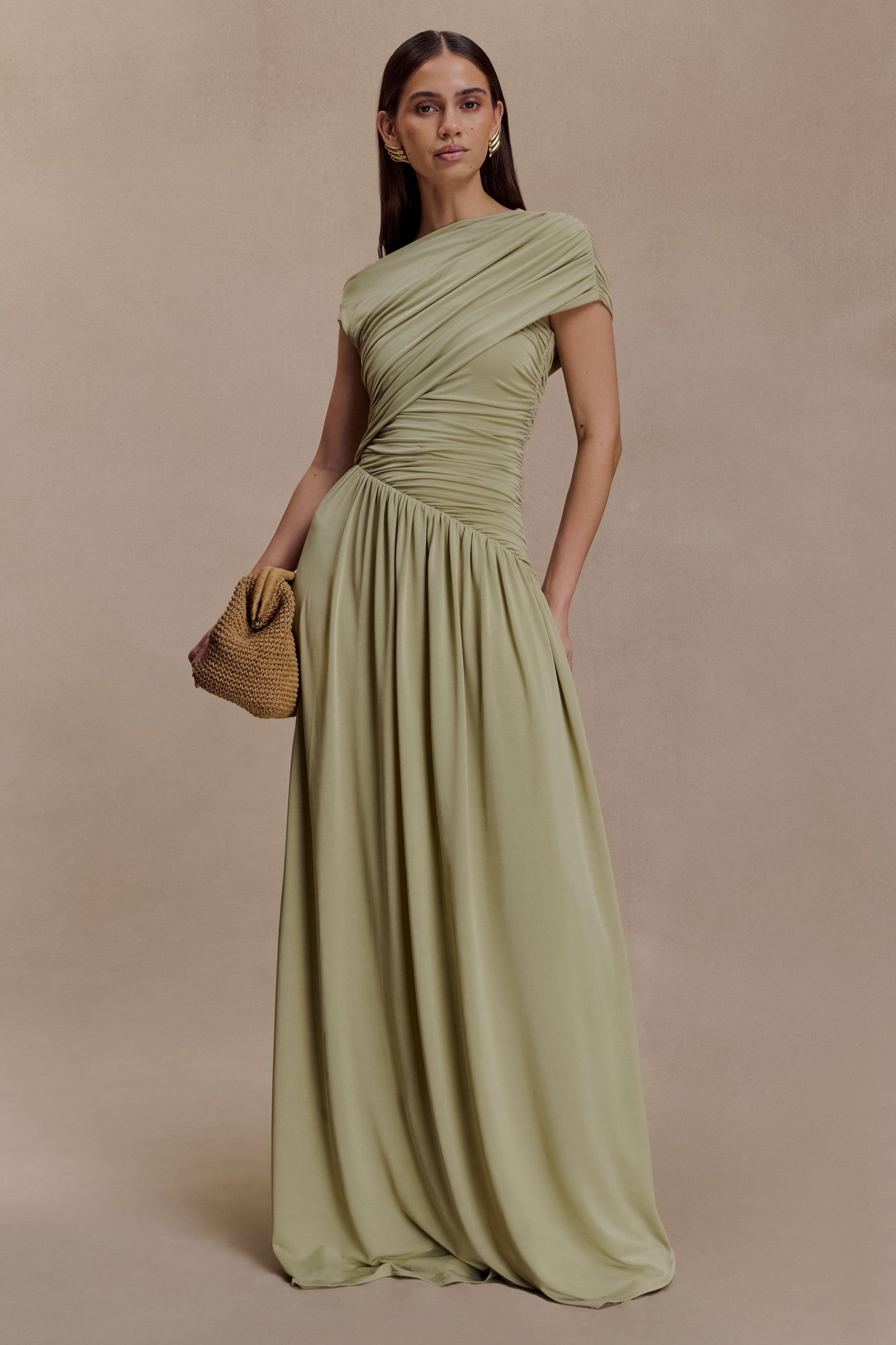 Pink Asymmetrical Ruched Maxi Dress