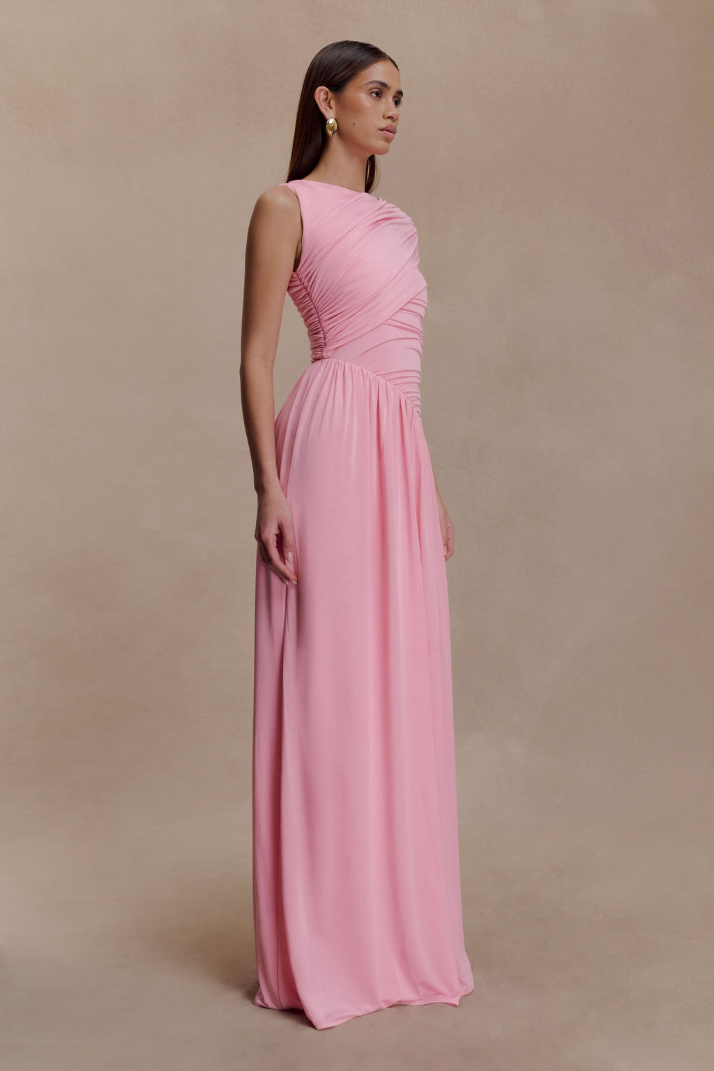 Pink Asymmetrical Ruched Maxi Dress