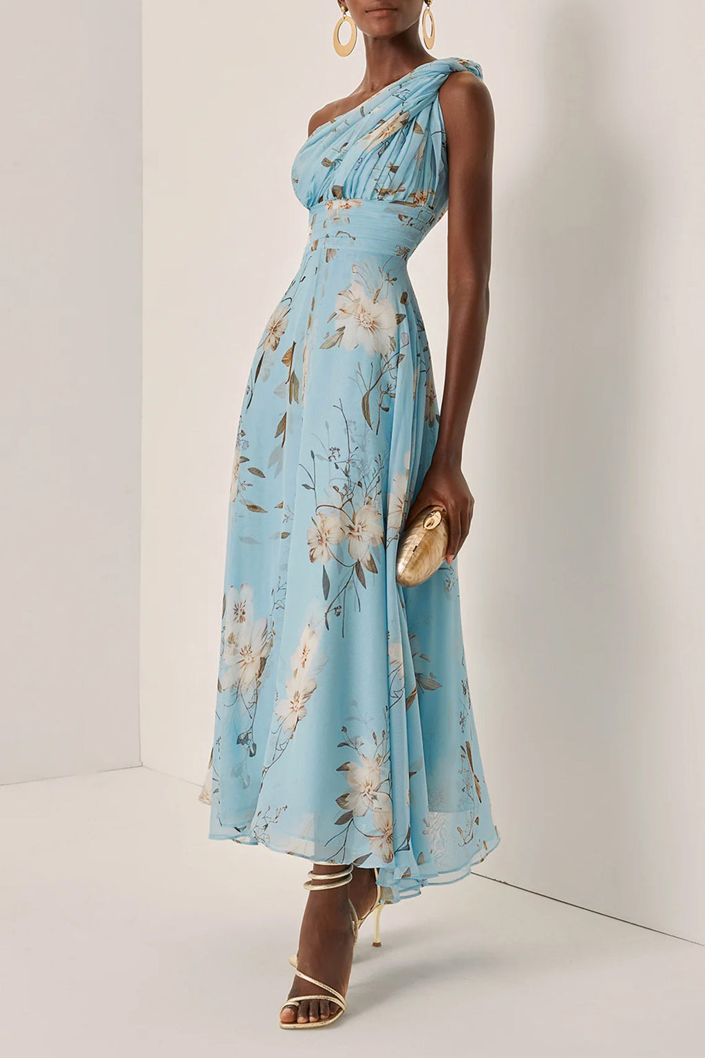 One-Shoulder Pleated Floral Midi