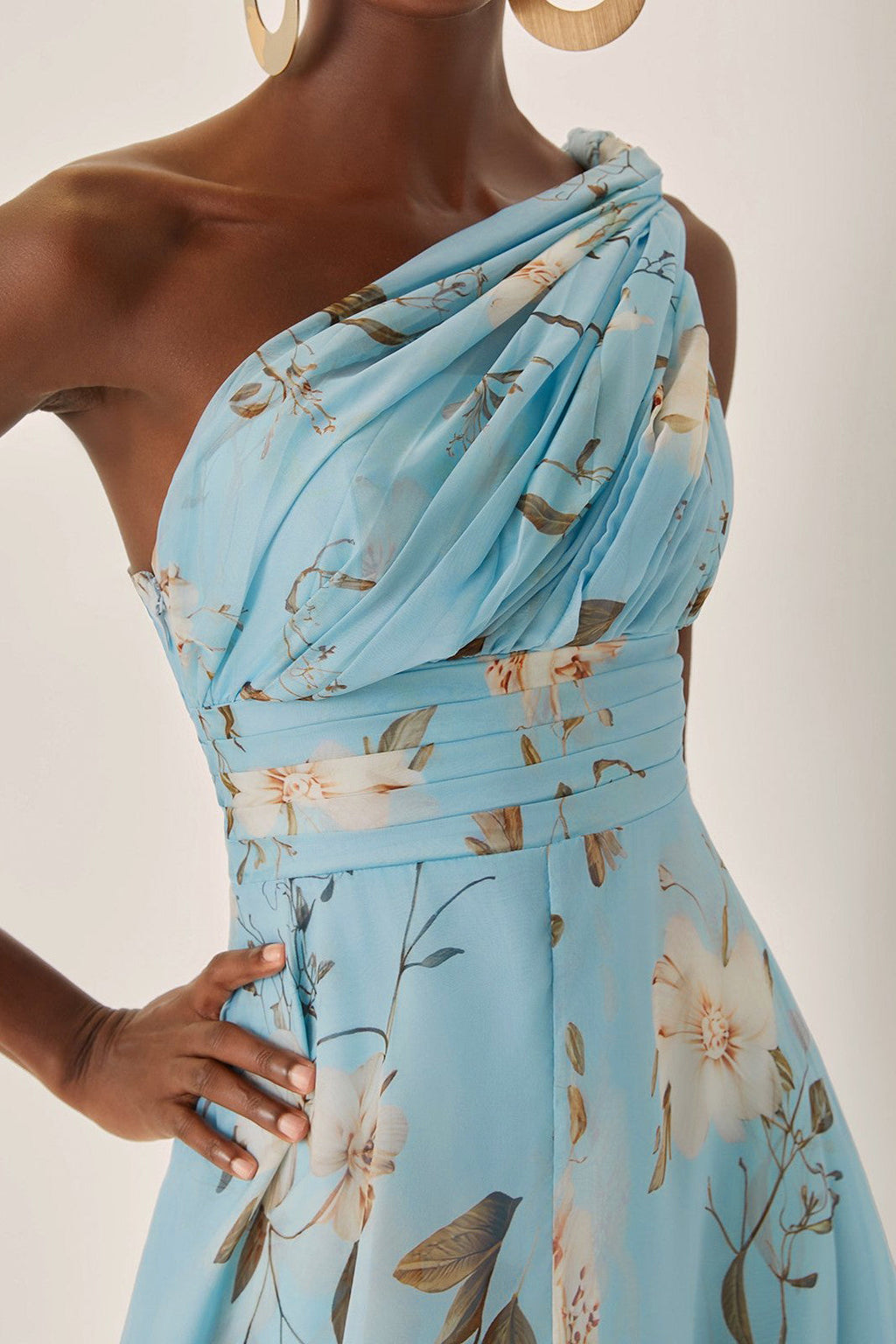 One-Shoulder Pleated Floral Midi