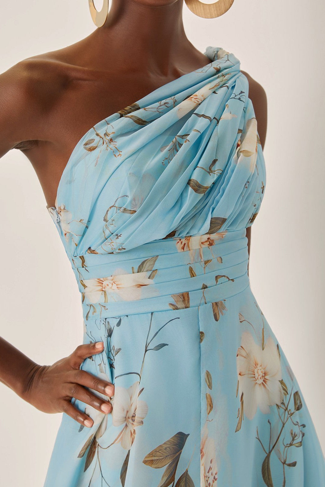 One-Shoulder Pleated Floral Midi