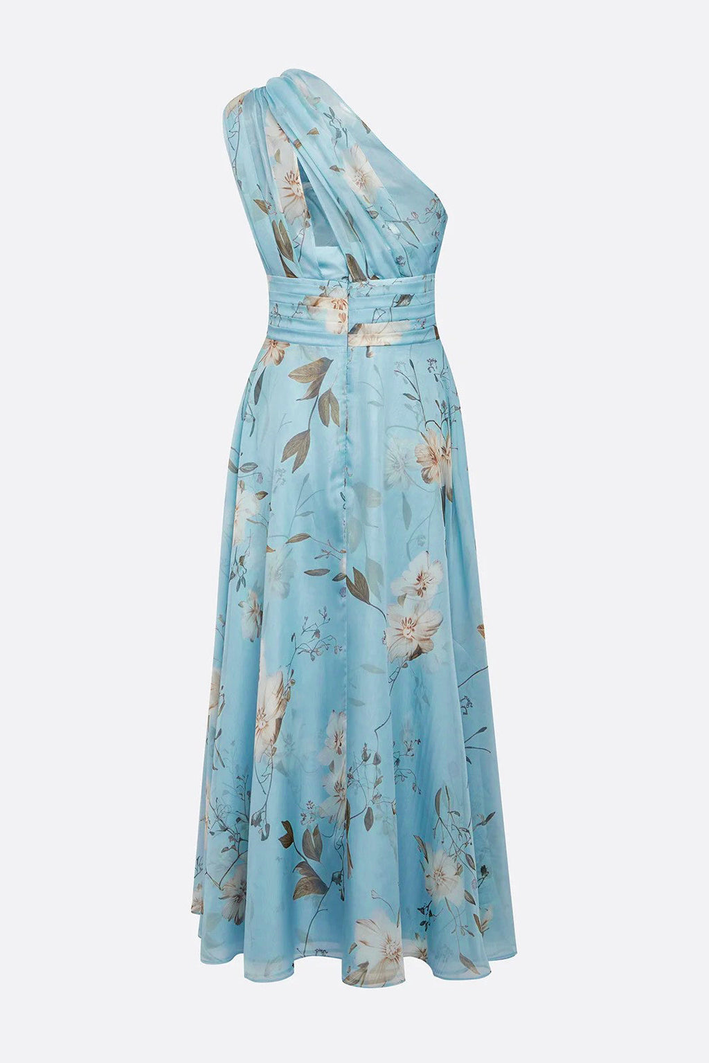 One-Shoulder Pleated Floral Midi