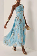 One-Shoulder Pleated Floral Midi