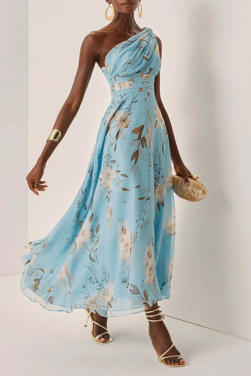 One-Shoulder Pleated Floral Midi