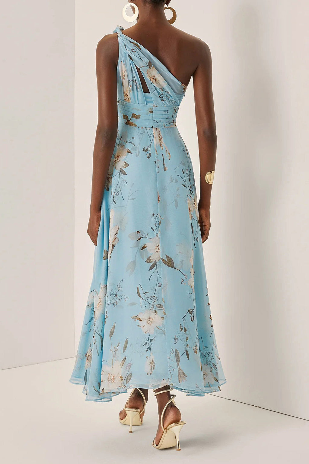 One-Shoulder Pleated Floral Midi