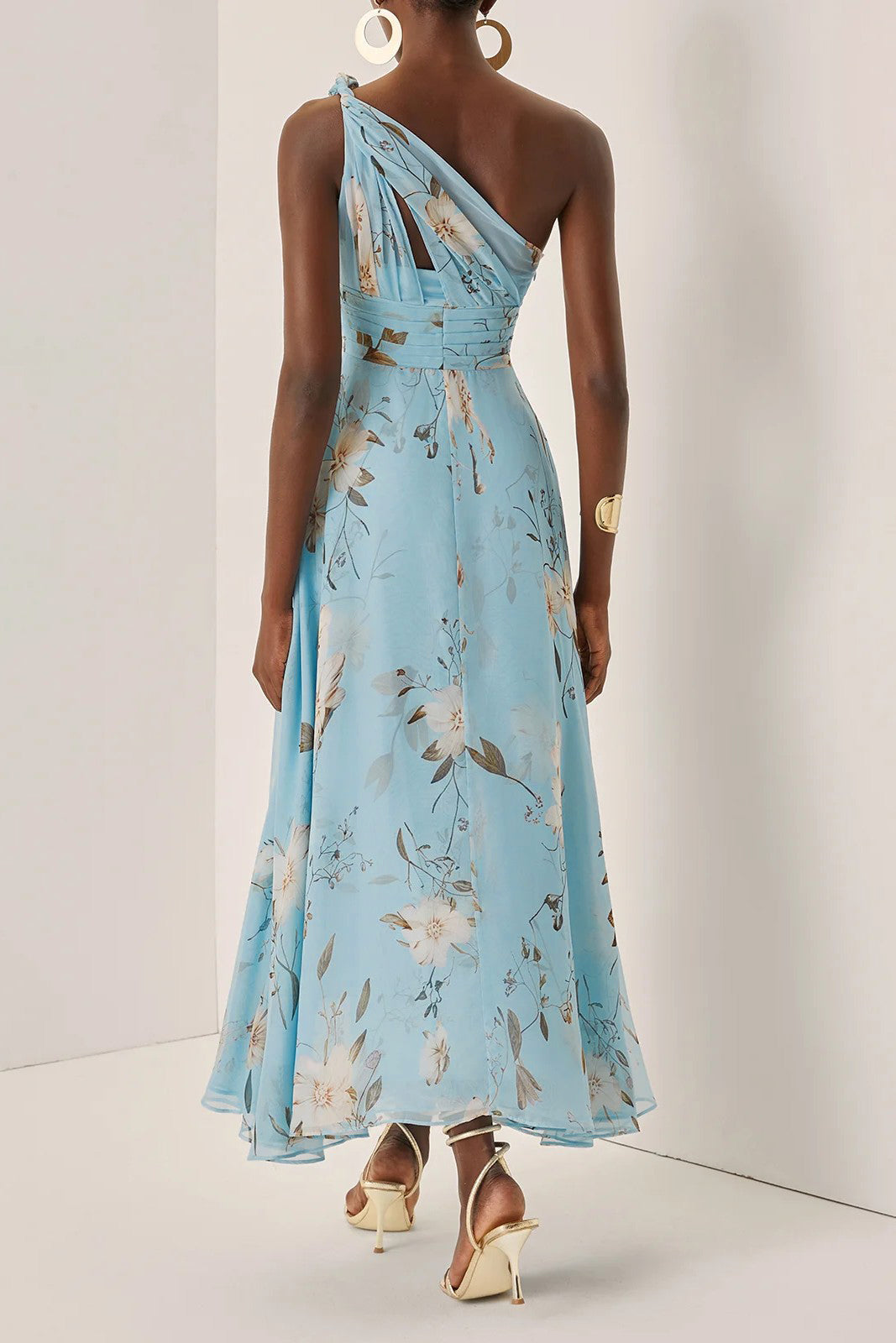 One-Shoulder Pleated Floral Midi