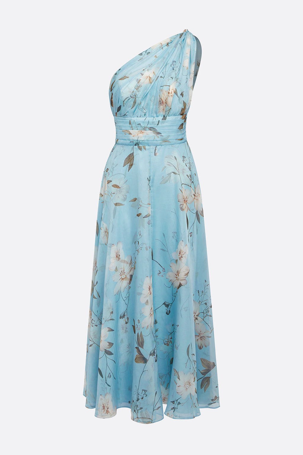 One-Shoulder Pleated Floral Midi