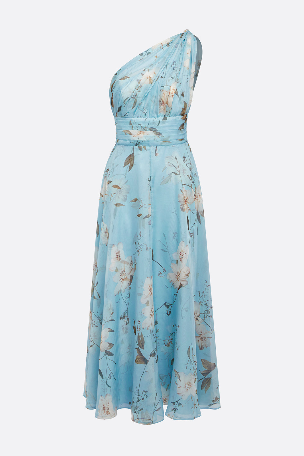 One-Shoulder Pleated Floral Midi