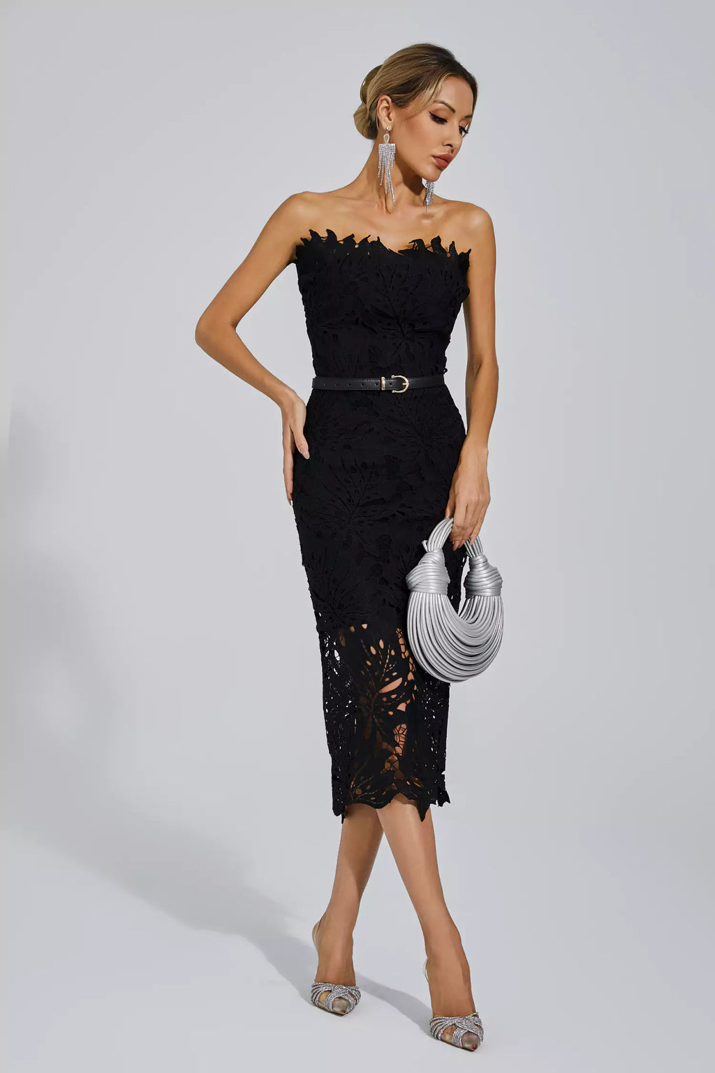 Black Floral Lace Strapless Midi