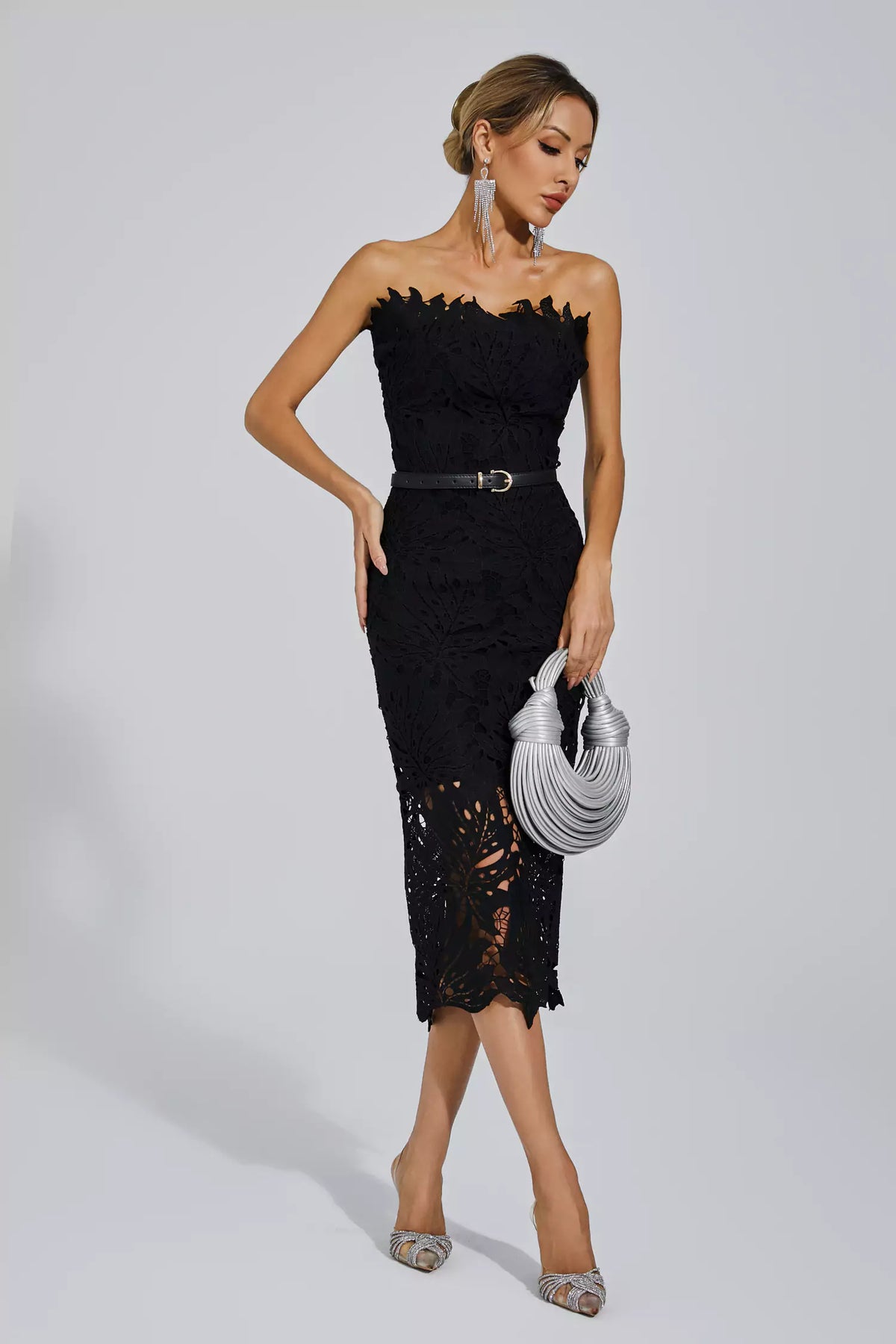 Black Floral Lace Strapless Midi