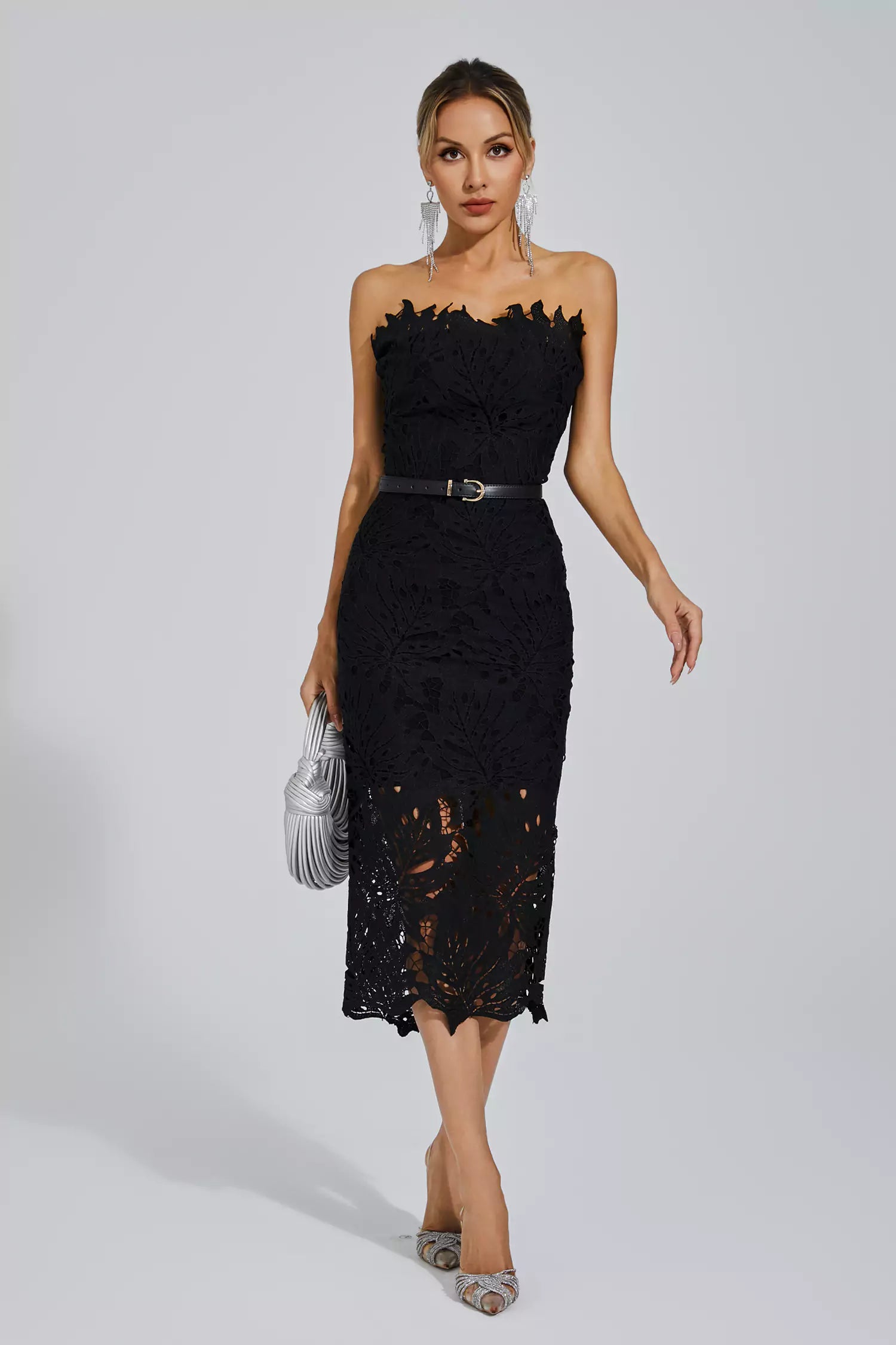 Black Floral Lace Strapless Midi