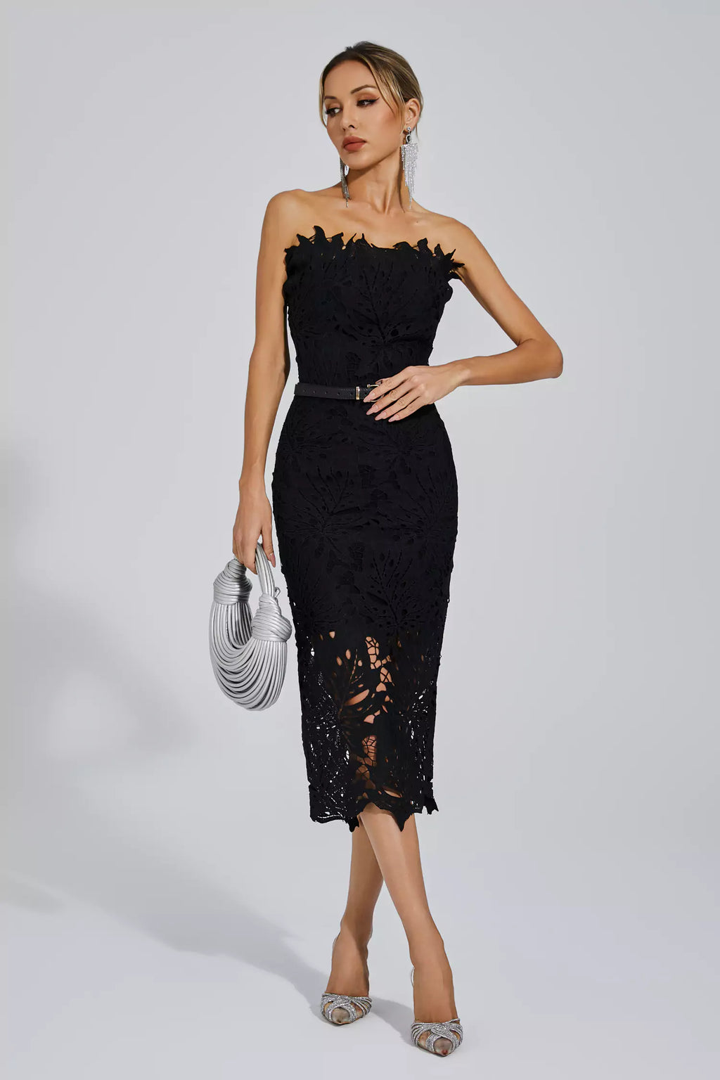 Black Floral Lace Strapless Midi