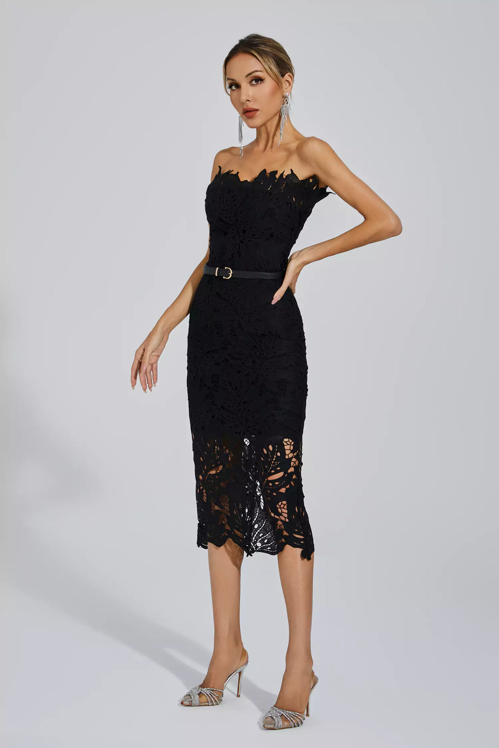 Black Floral Lace Strapless Midi