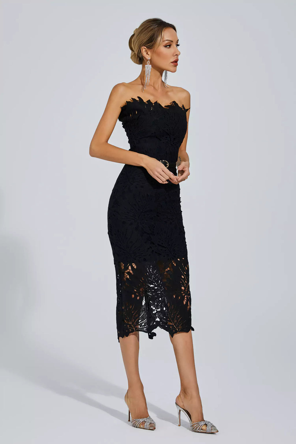 Black Floral Lace Strapless Midi