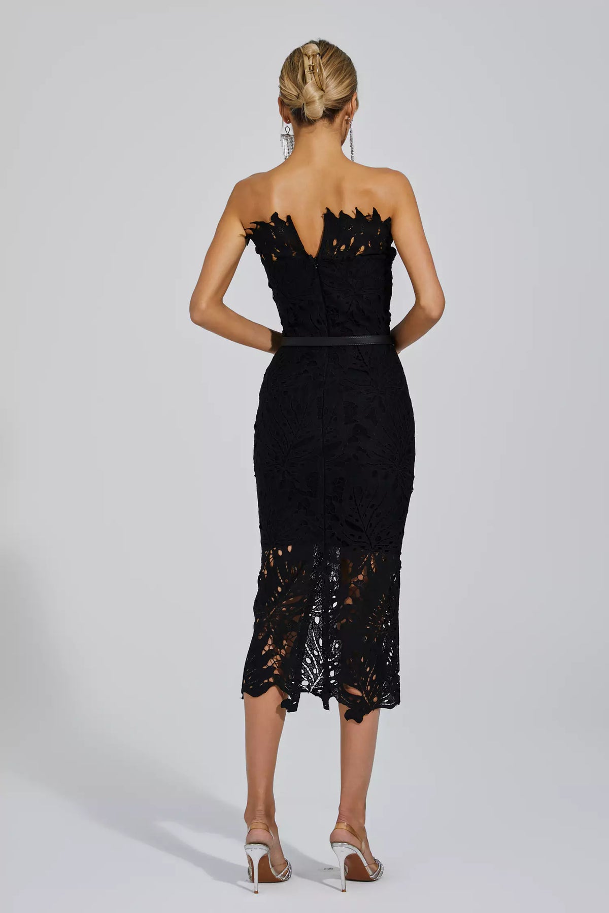 Black Floral Lace Strapless Midi