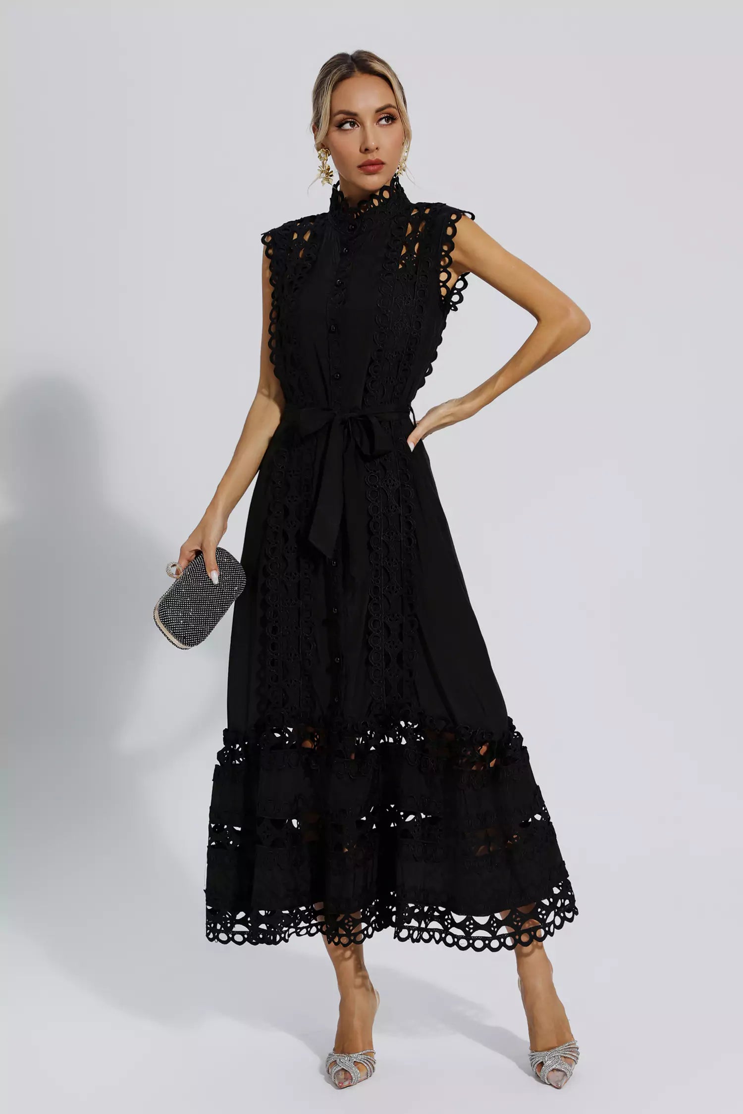 Stand-Up Collar Hollow Cinched Maxi