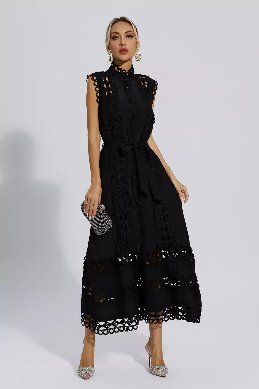 Stand-Up Collar Hollow Cinched Maxi