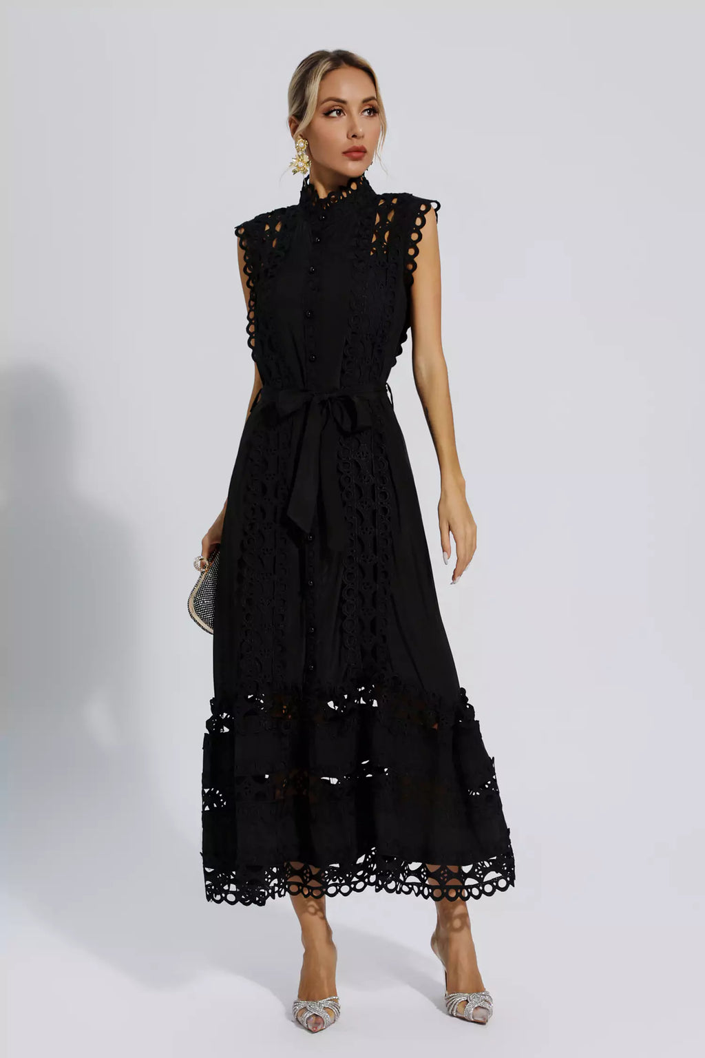 Stand-Up Collar Hollow Cinched Maxi