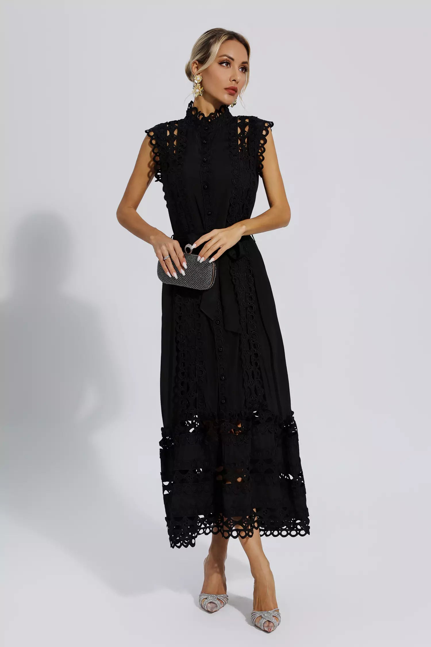 Stand-Up Collar Hollow Cinched Maxi