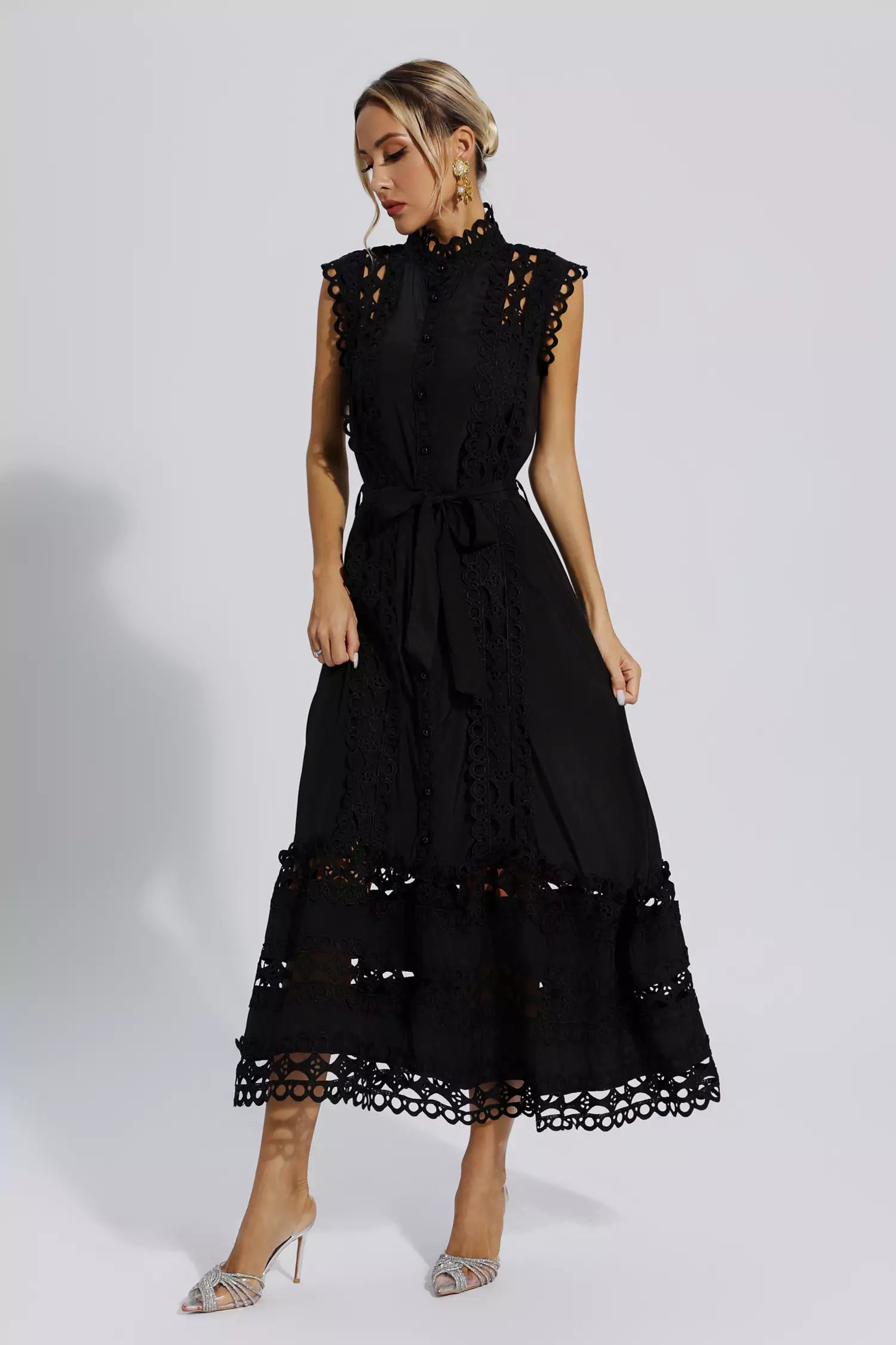 Stand-Up Collar Hollow Cinched Maxi