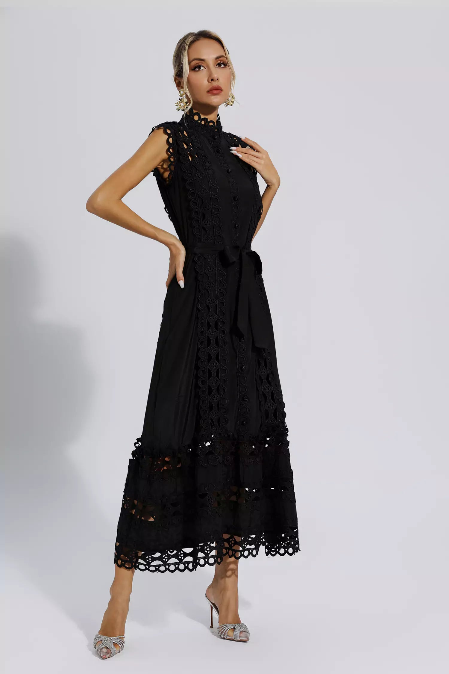 Stand-Up Collar Hollow Cinched Maxi