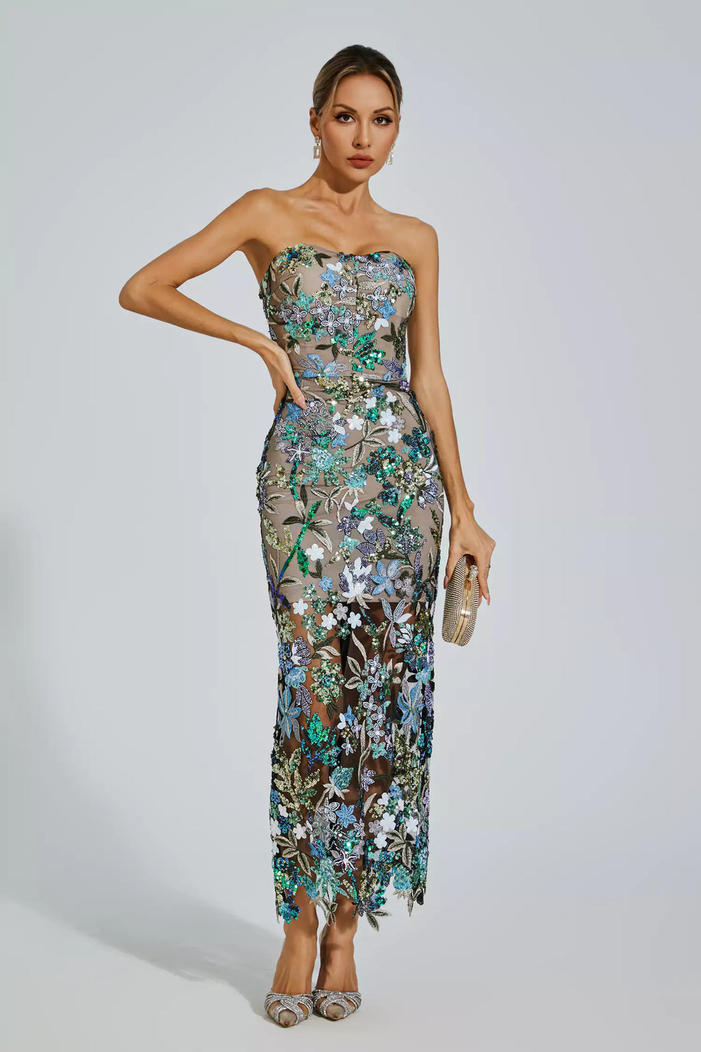 Figure-Hug Blue Embroidery Maxi