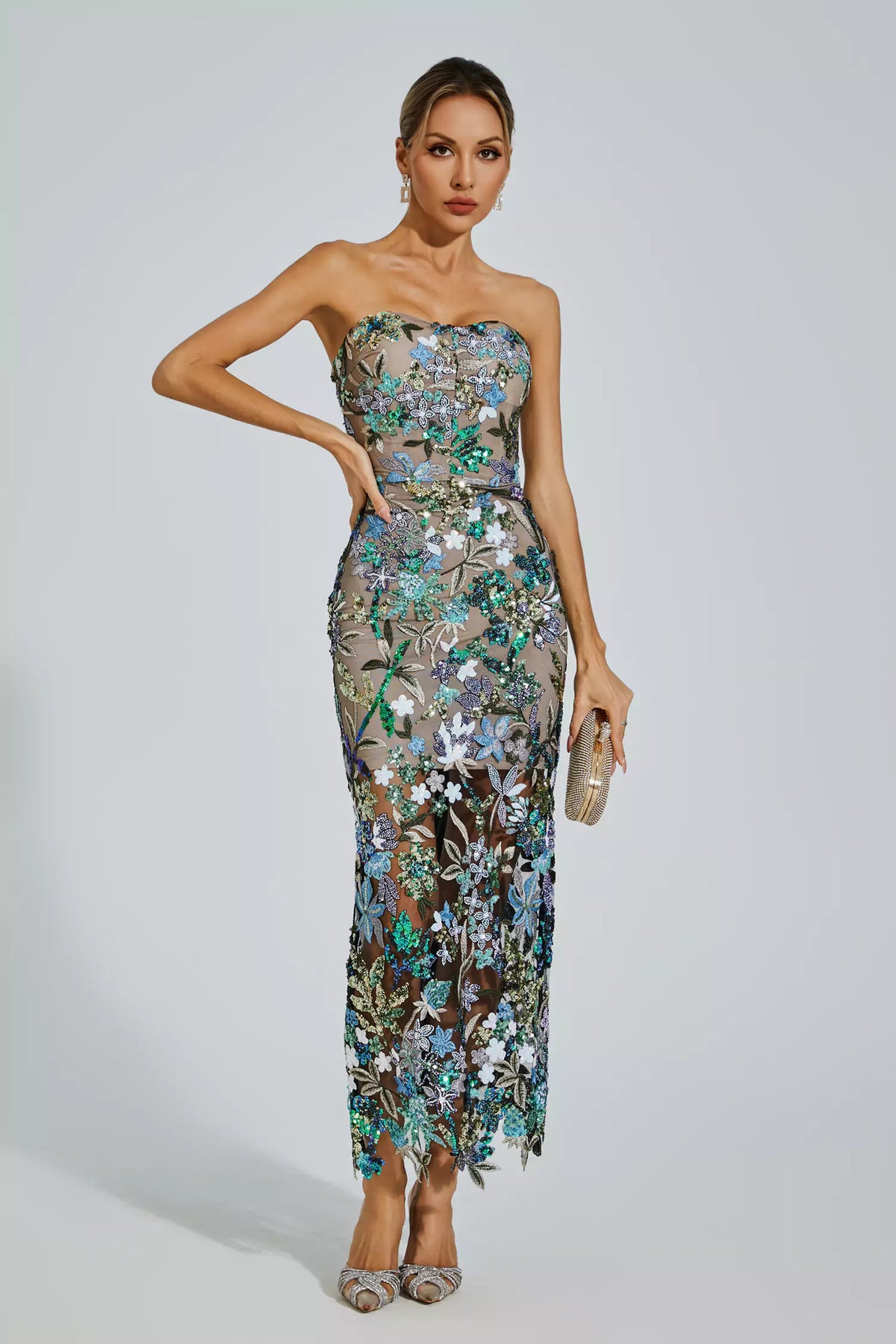Figure-Hug Blue Embroidery Maxi
