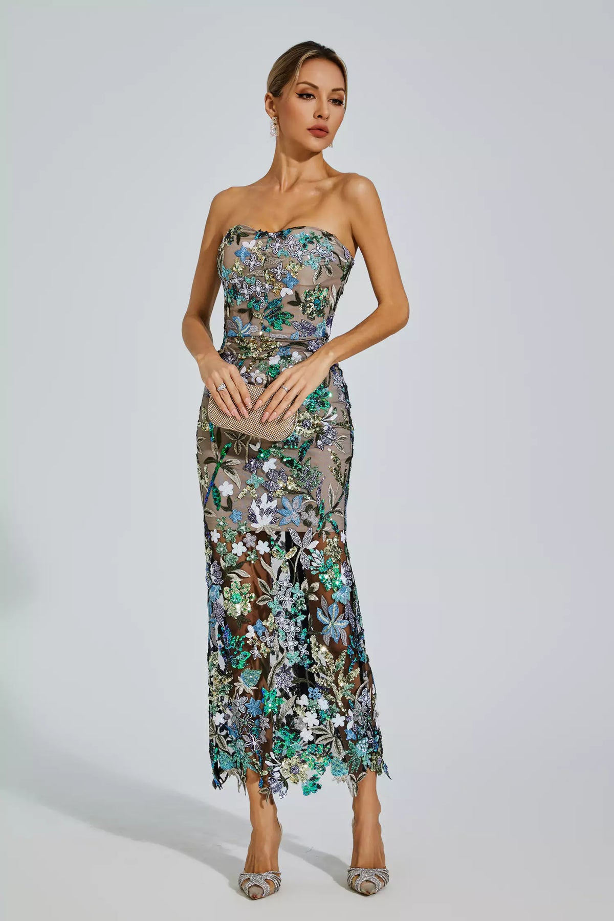 Figure-Hug Blue Embroidery Maxi
