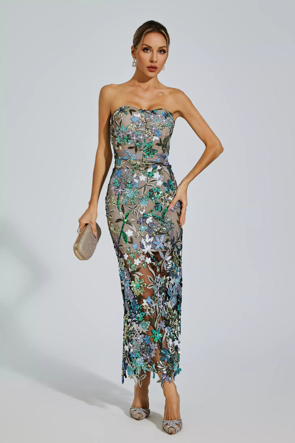 Figure-Hug Blue Embroidery Maxi