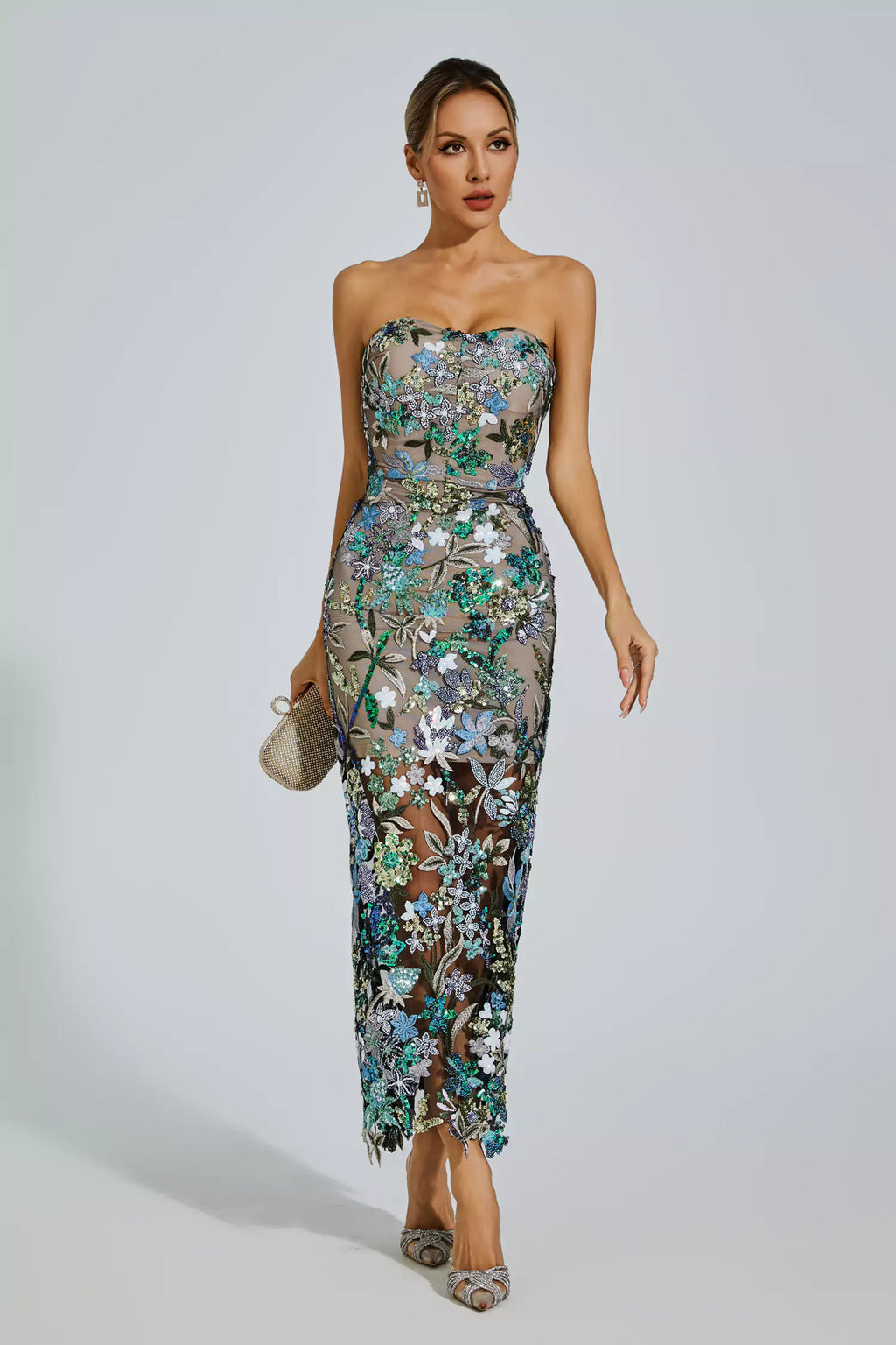 Figure-Hug Blue Embroidery Maxi