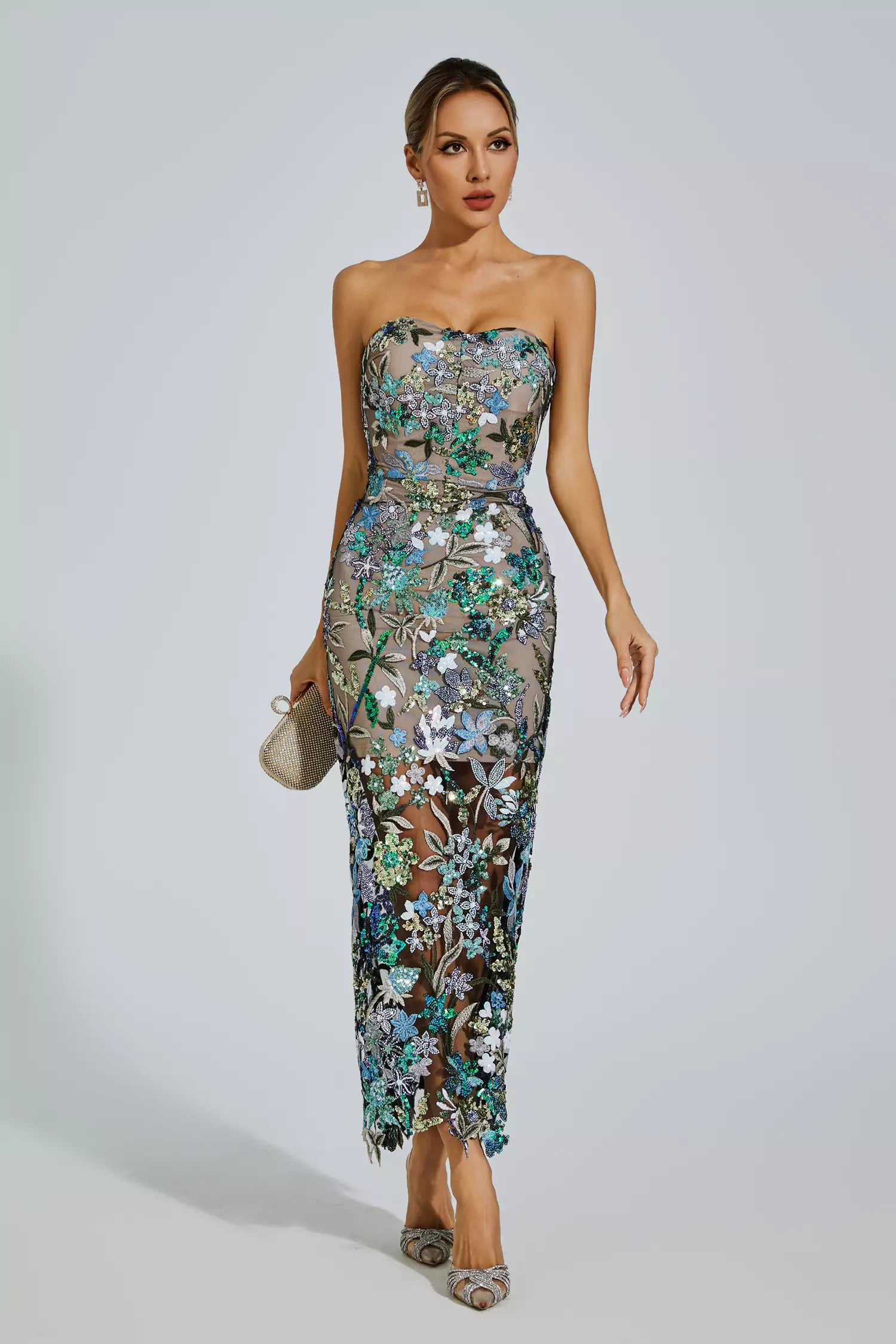 Figure-Hug Blue Embroidery Maxi
