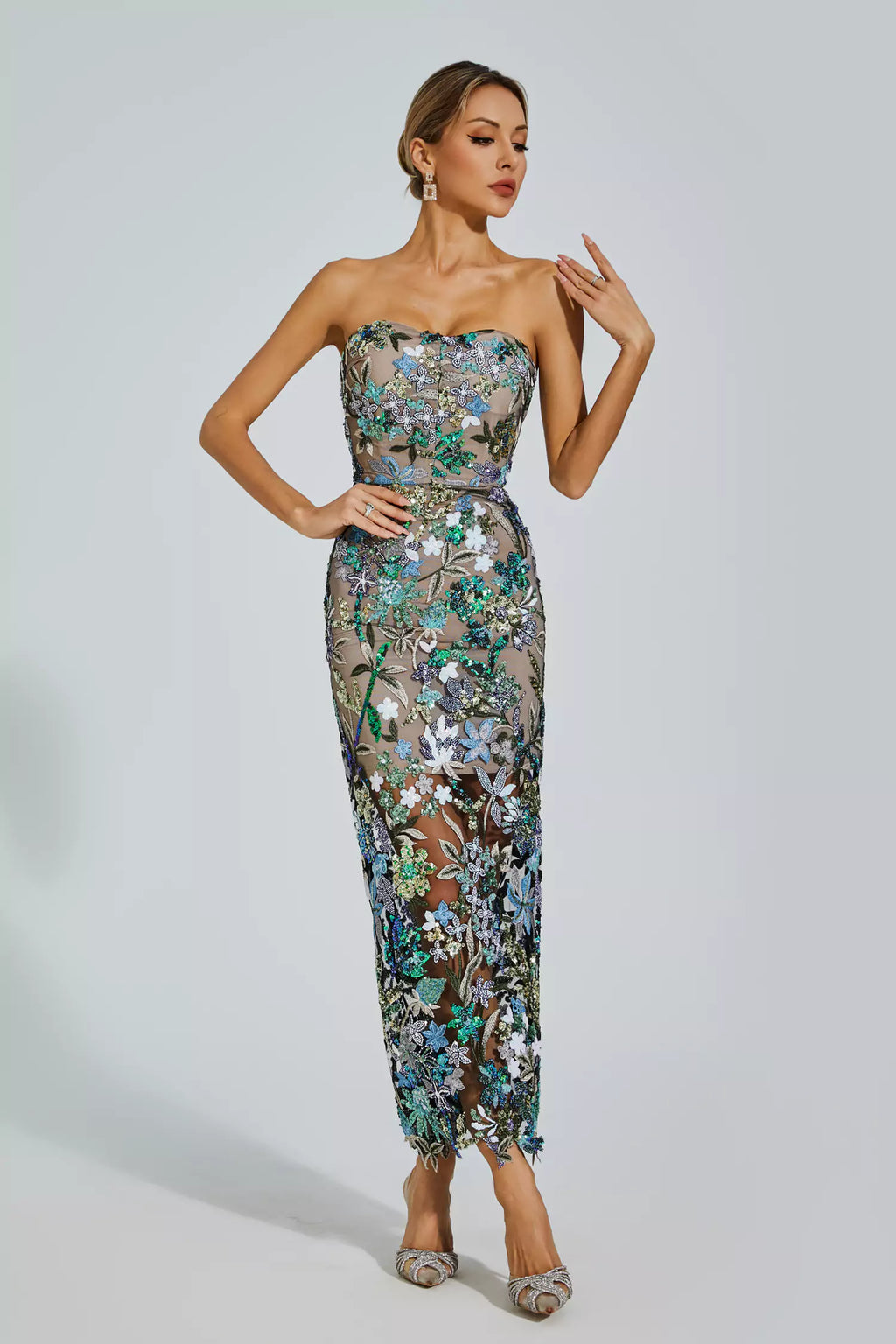 Figure-Hug Blue Embroidery Maxi