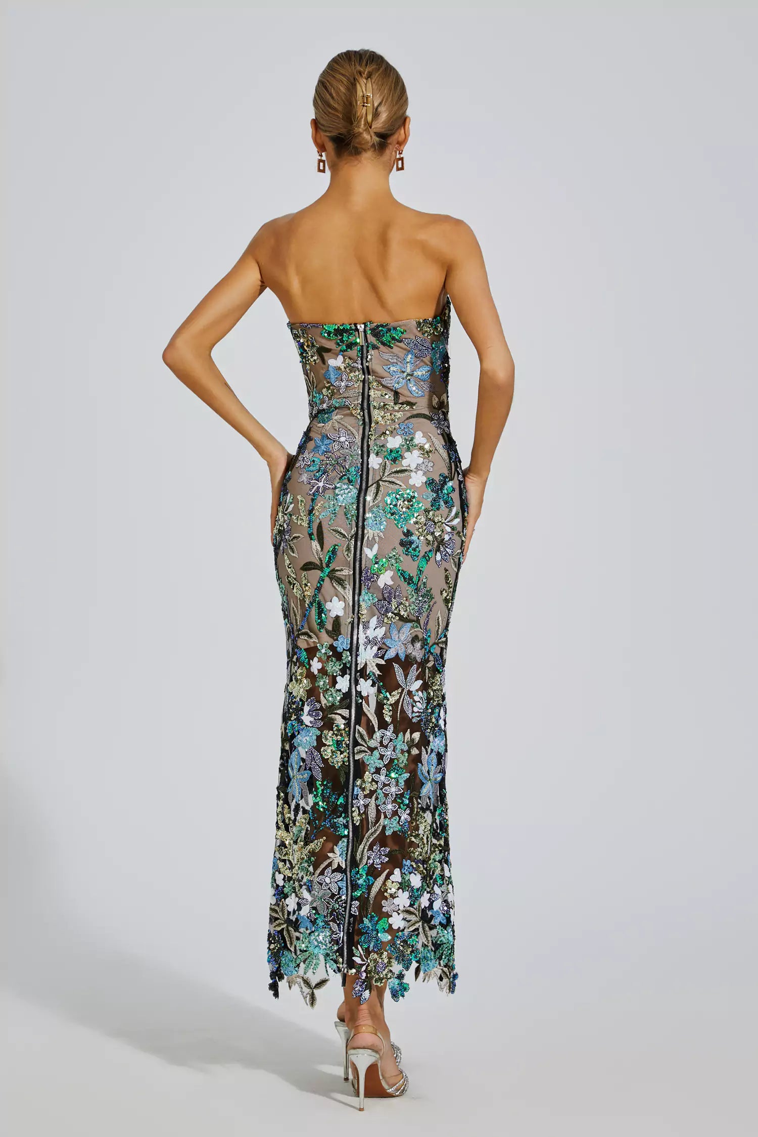 Figure-Hug Blue Embroidery Maxi