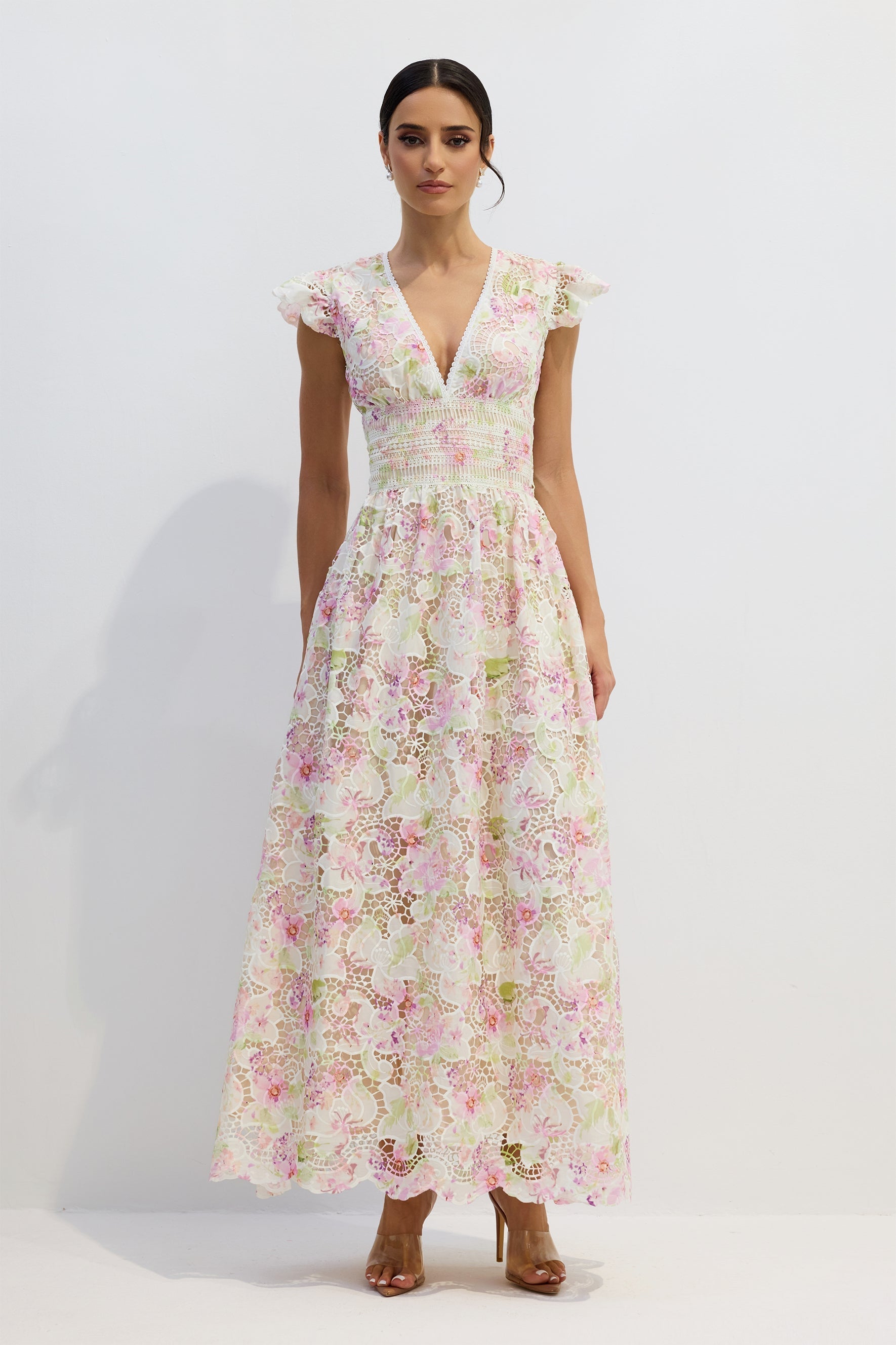 Deep V Ruffle Lace Maxi