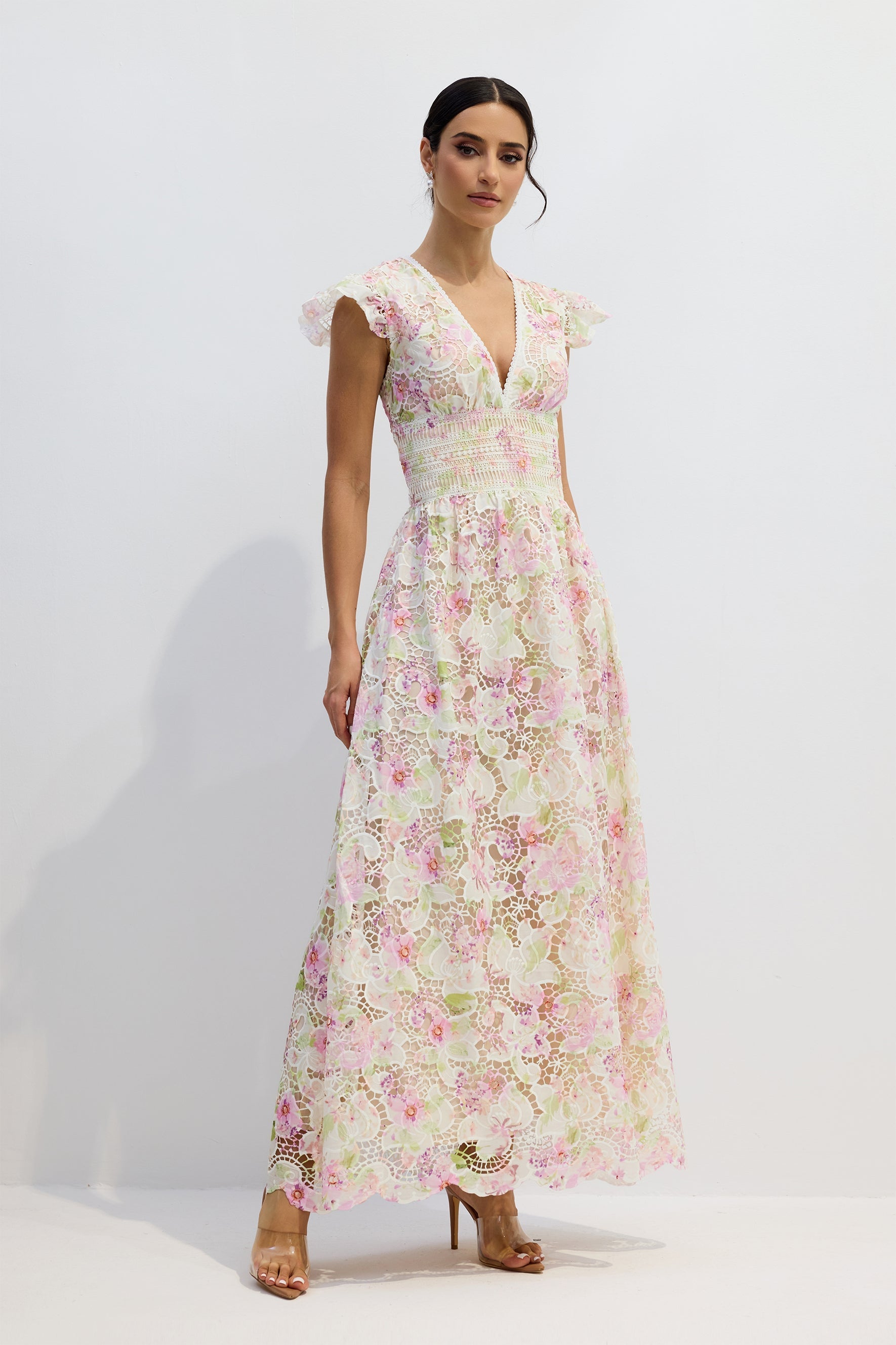 Deep V Ruffle Lace Maxi