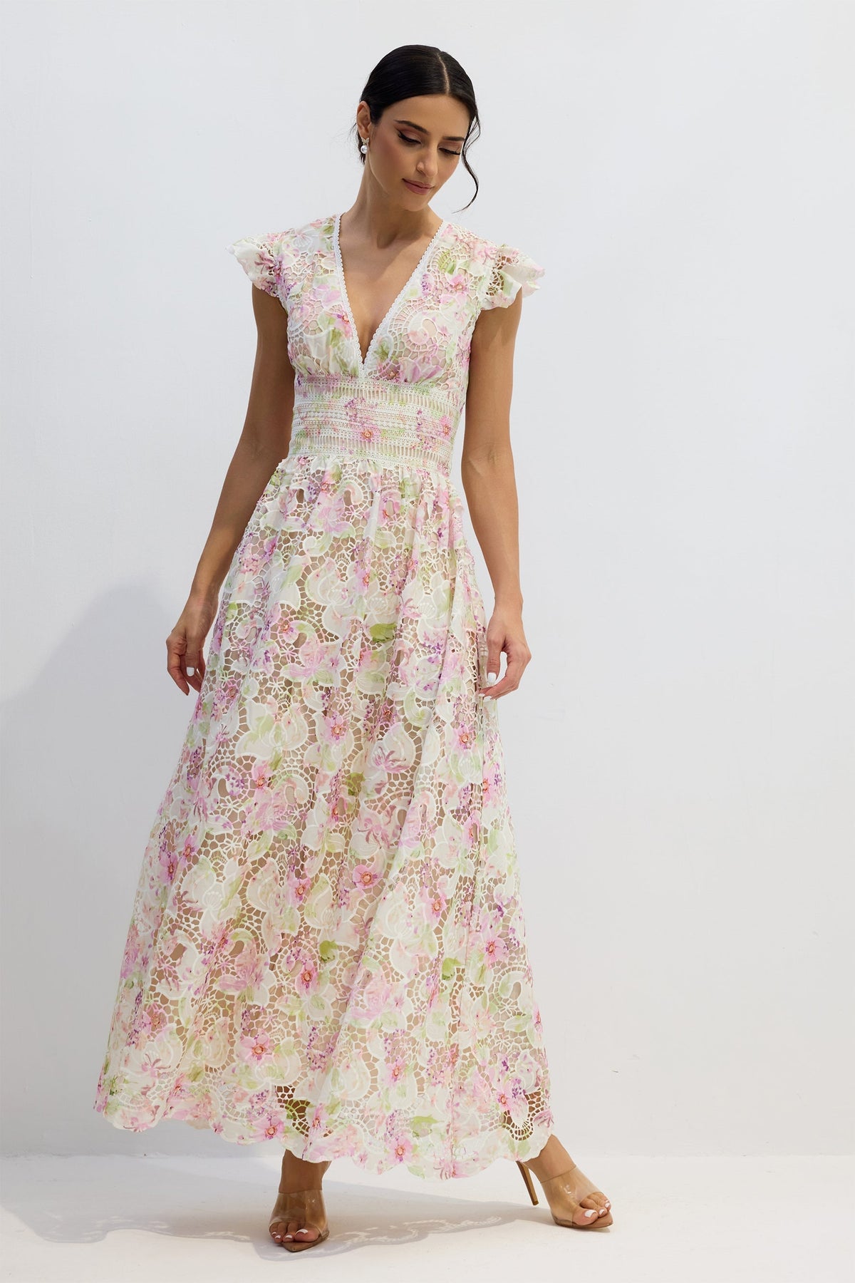 Deep V Ruffle Lace Maxi