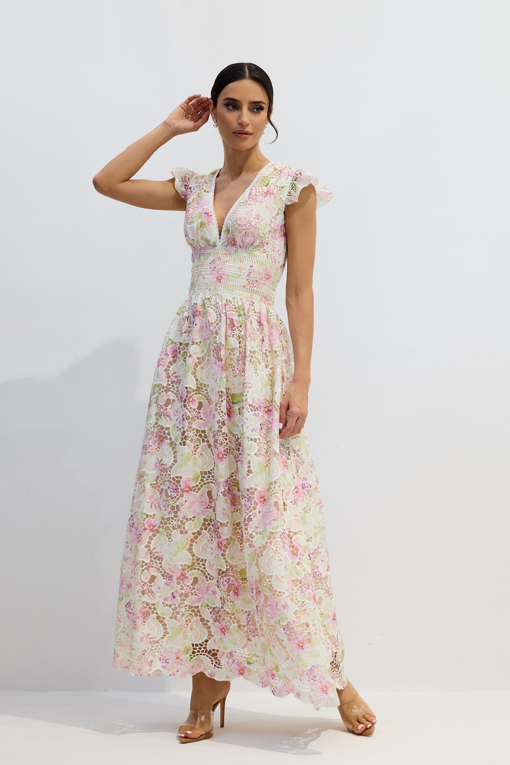 Deep V Ruffle Lace Maxi
