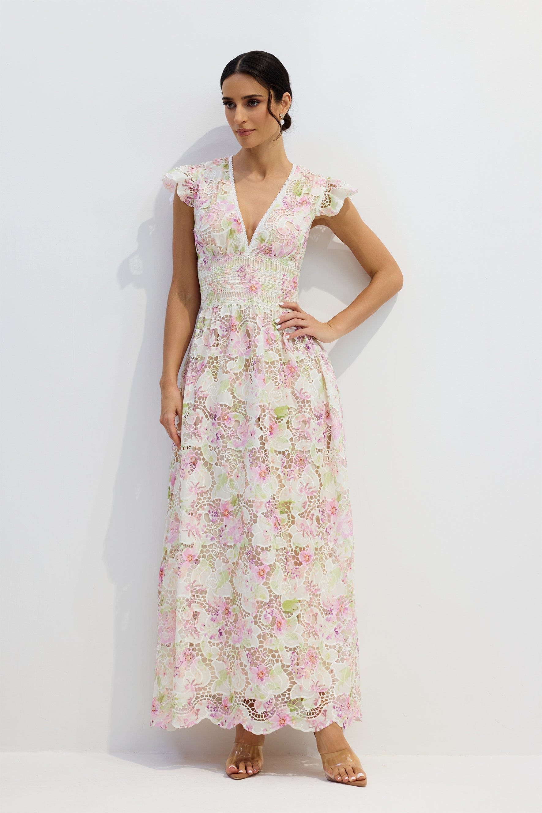 Deep V Ruffle Lace Maxi