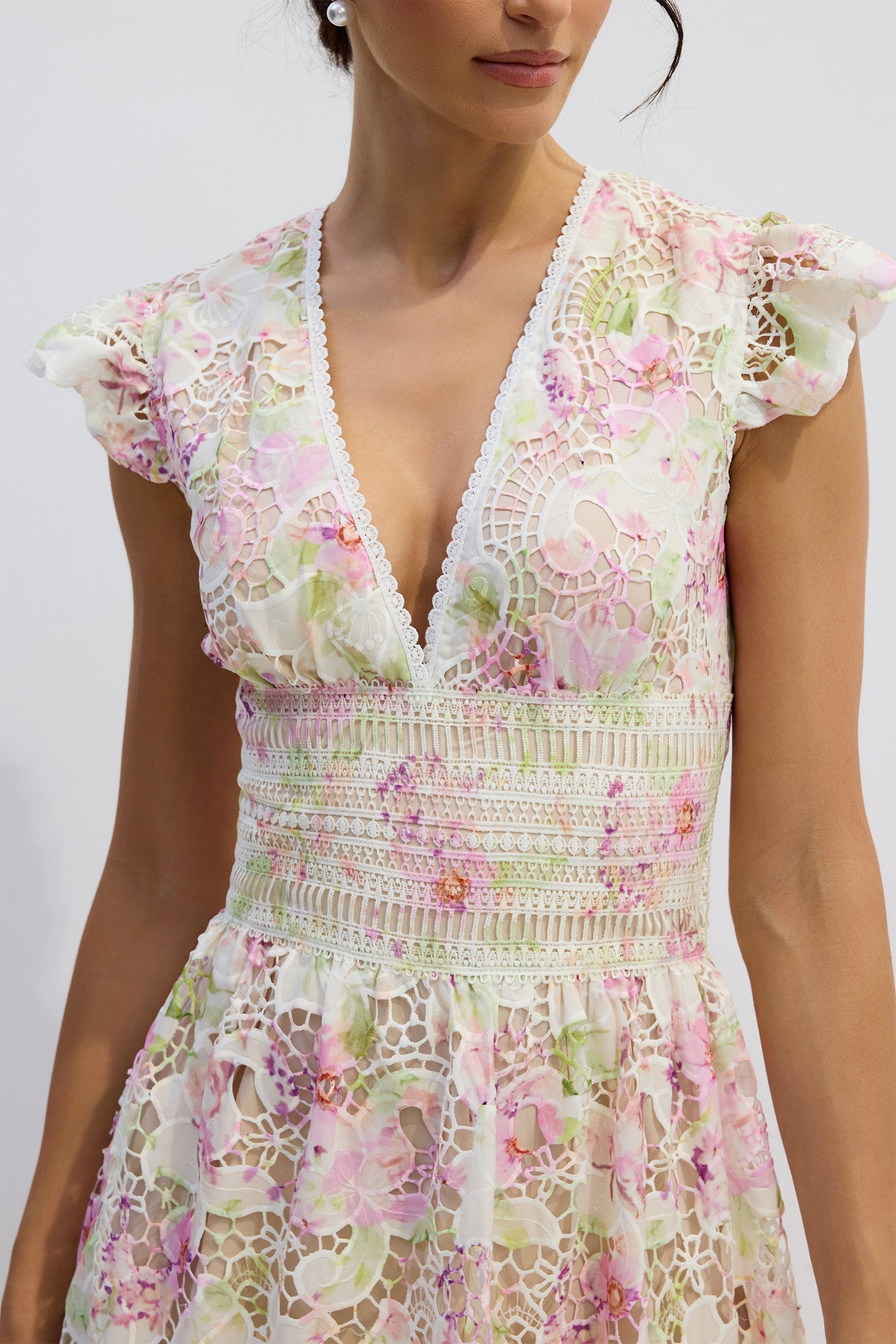 Deep V Ruffle Lace Maxi