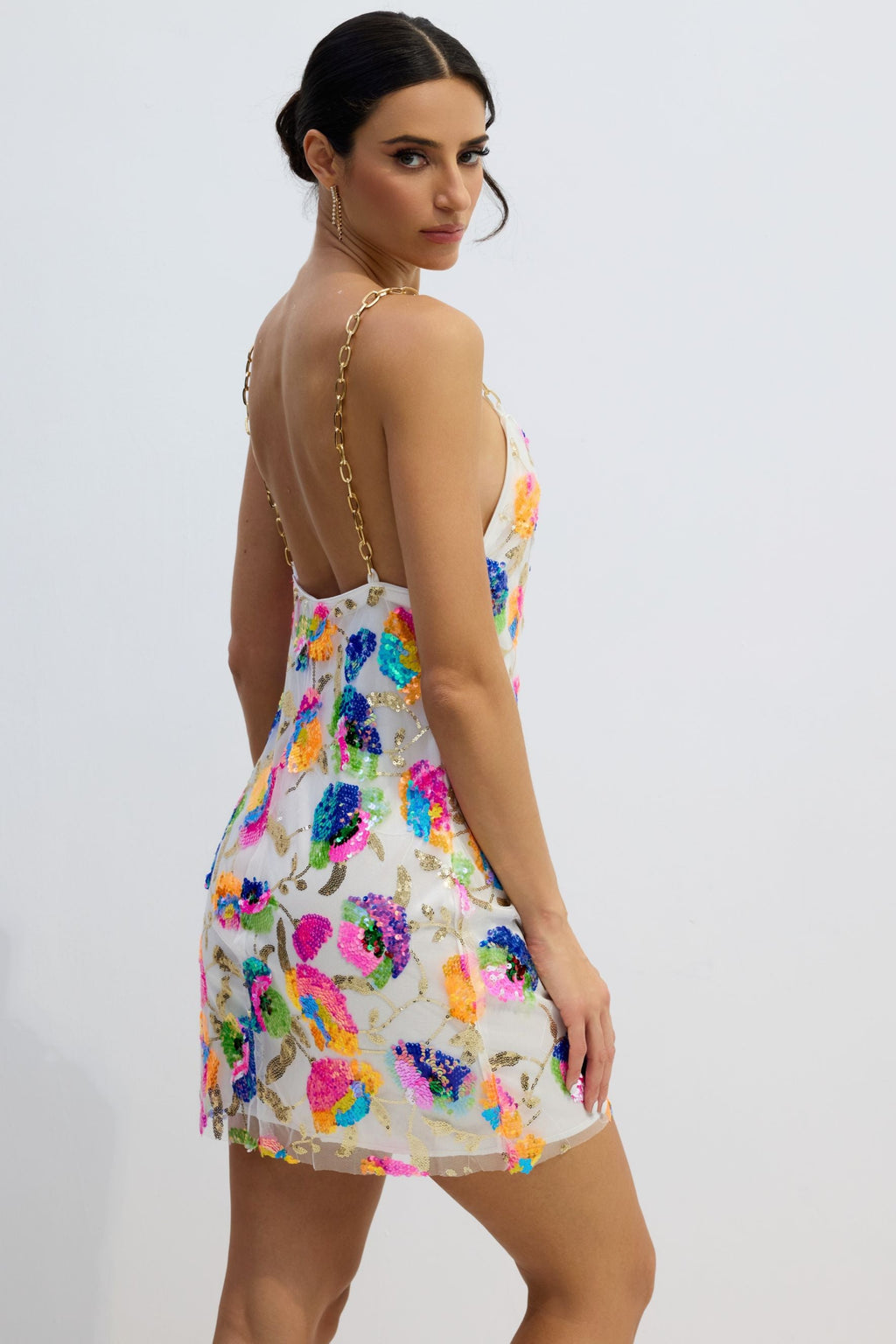 Sequin Mesh Metal Shoulder Chain Backless Mini