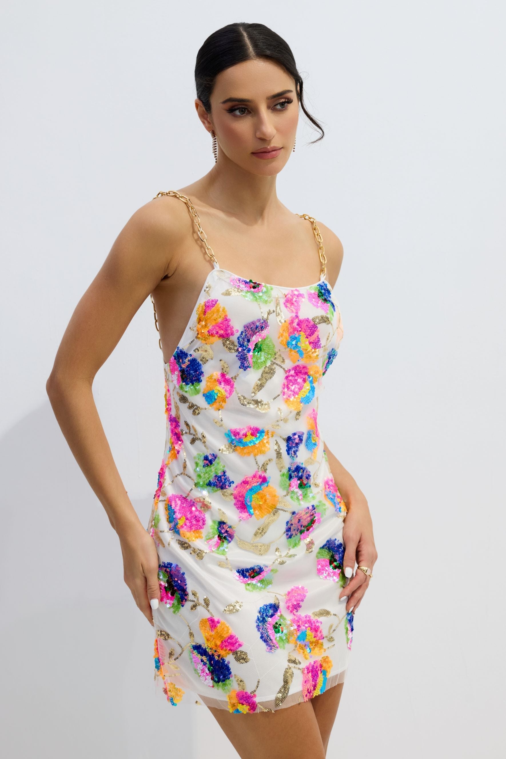 Sequin Mesh Metal Shoulder Chain Backless Mini
