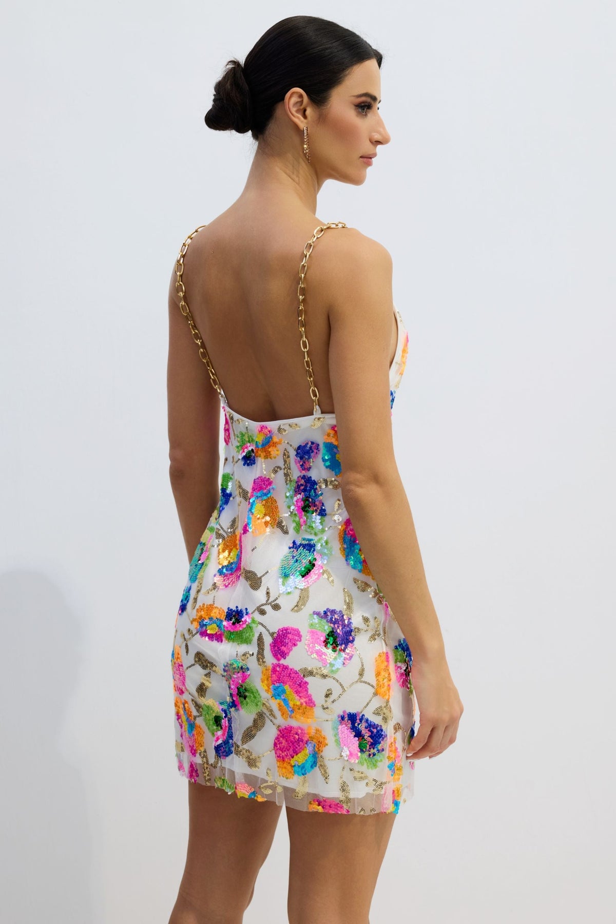 Sequin Mesh Metal Shoulder Chain Backless Mini