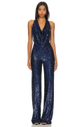 Dark Blue Sequin High Waist Halter Backless Jumpsuit