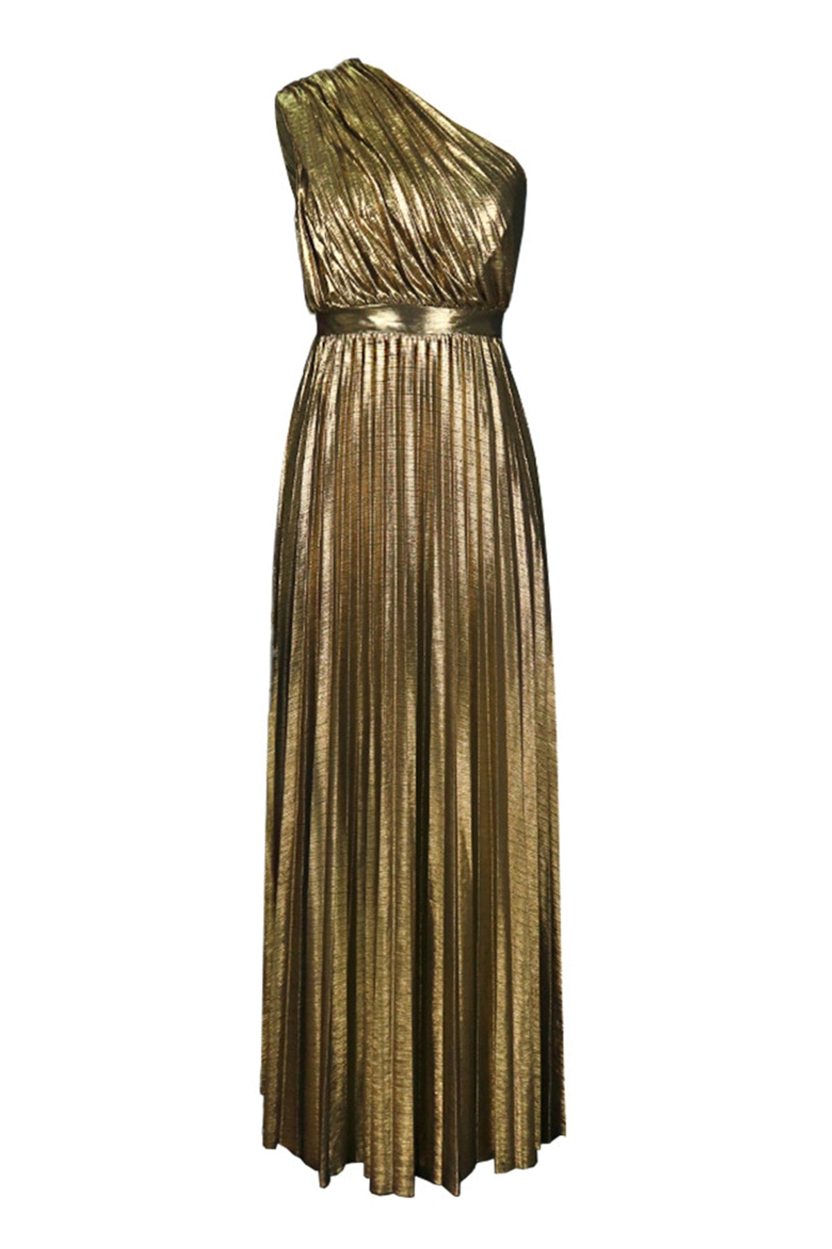 One-Shoulder Pleated Metallic Maxi
