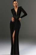 Black Polyester V-Neck Maxi