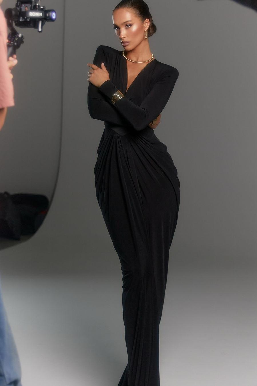 Black Polyester V-Neck Maxi